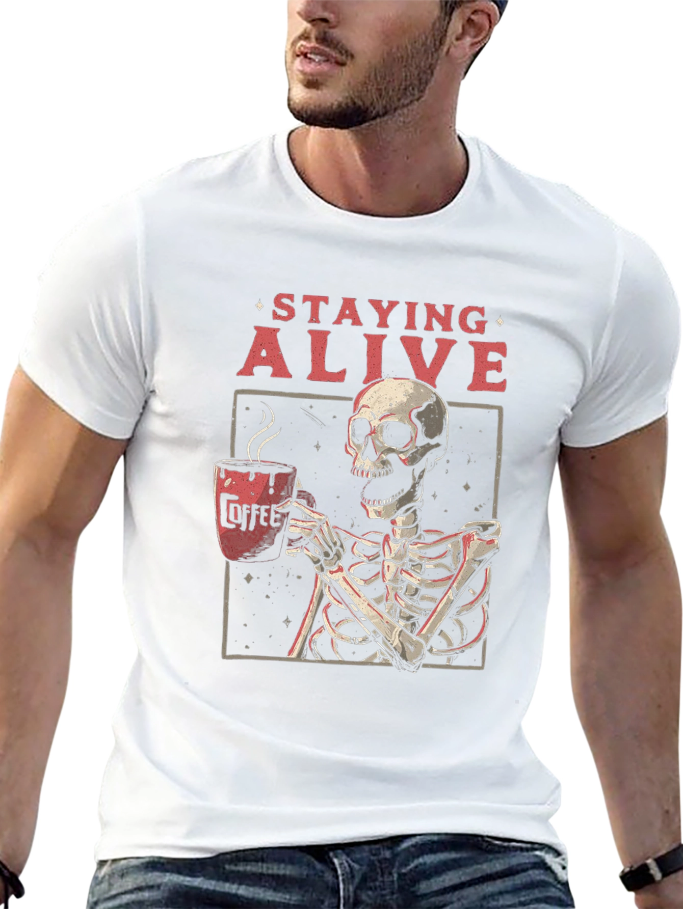 Staying Alive Skeleton Coffee Graphic Tee
