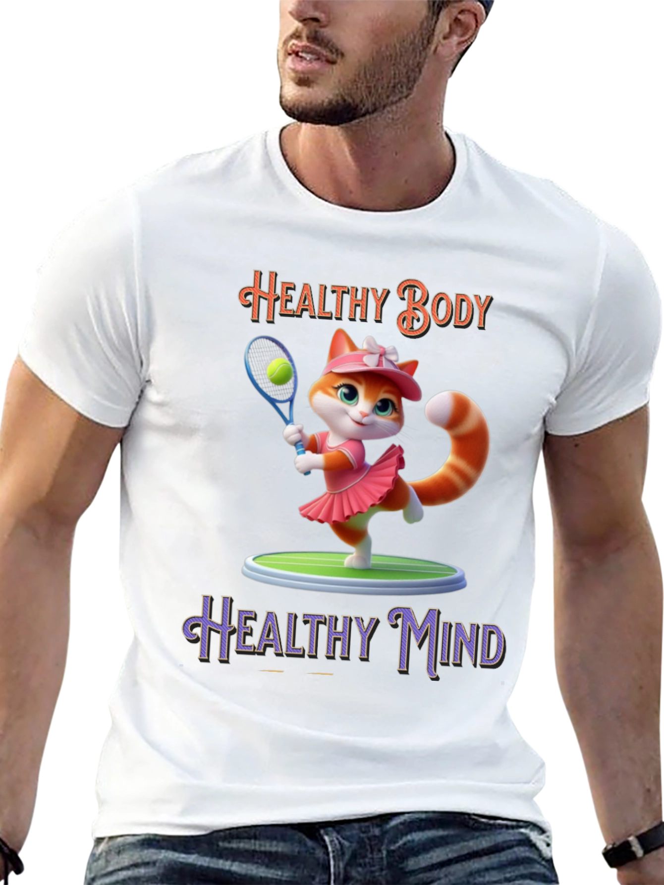 Healthy Body Healthy Mind T-Shirt Cat Tennis