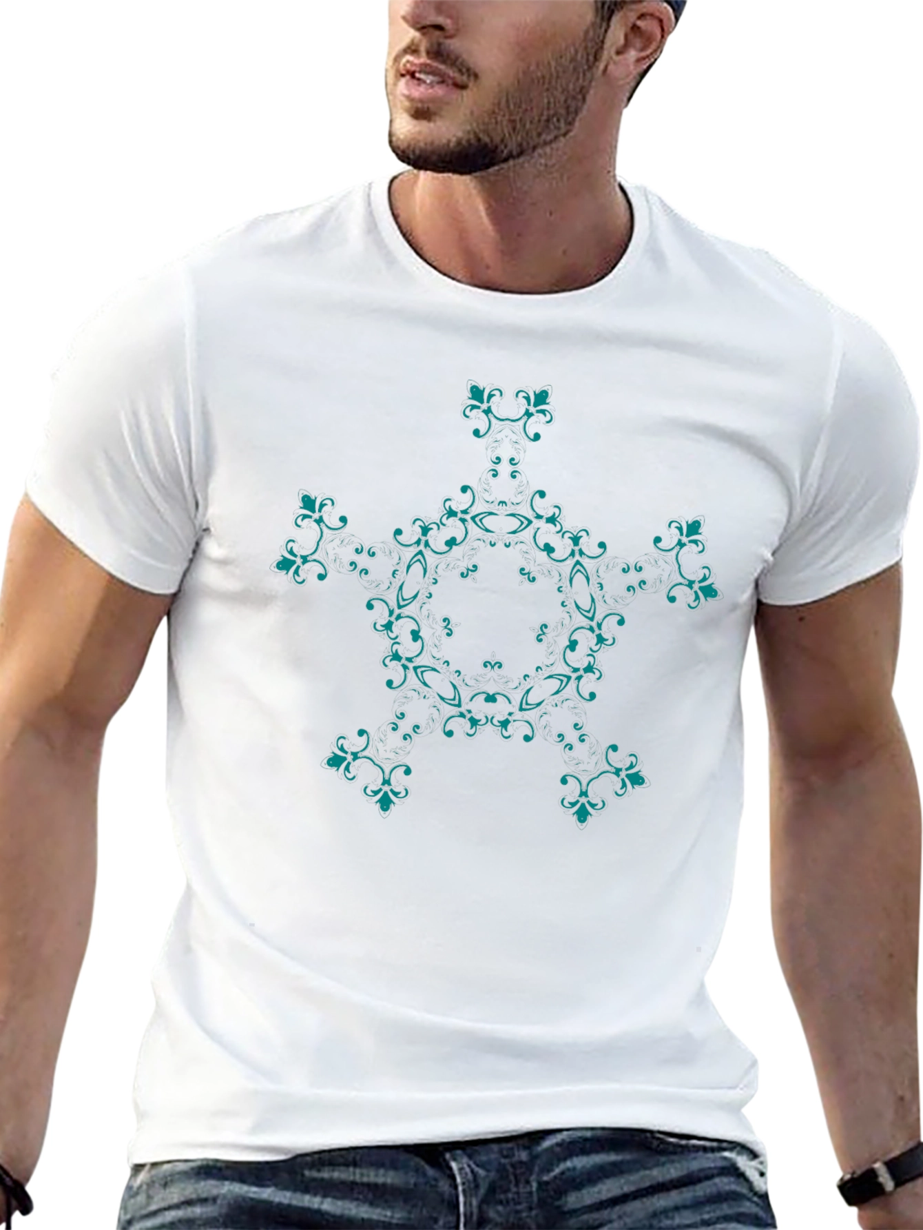 Elegant Black T-Shirt with Teal Floral Design