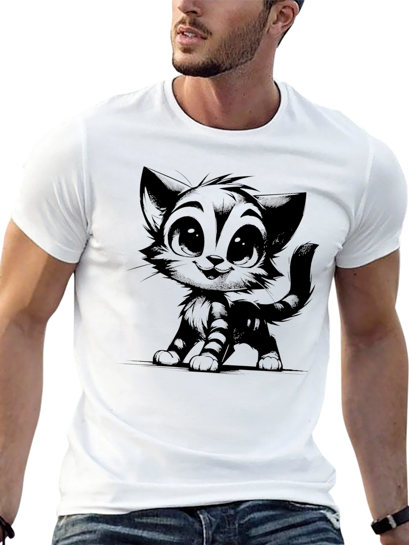 Cute Cartoon Cat Black T-Shirt