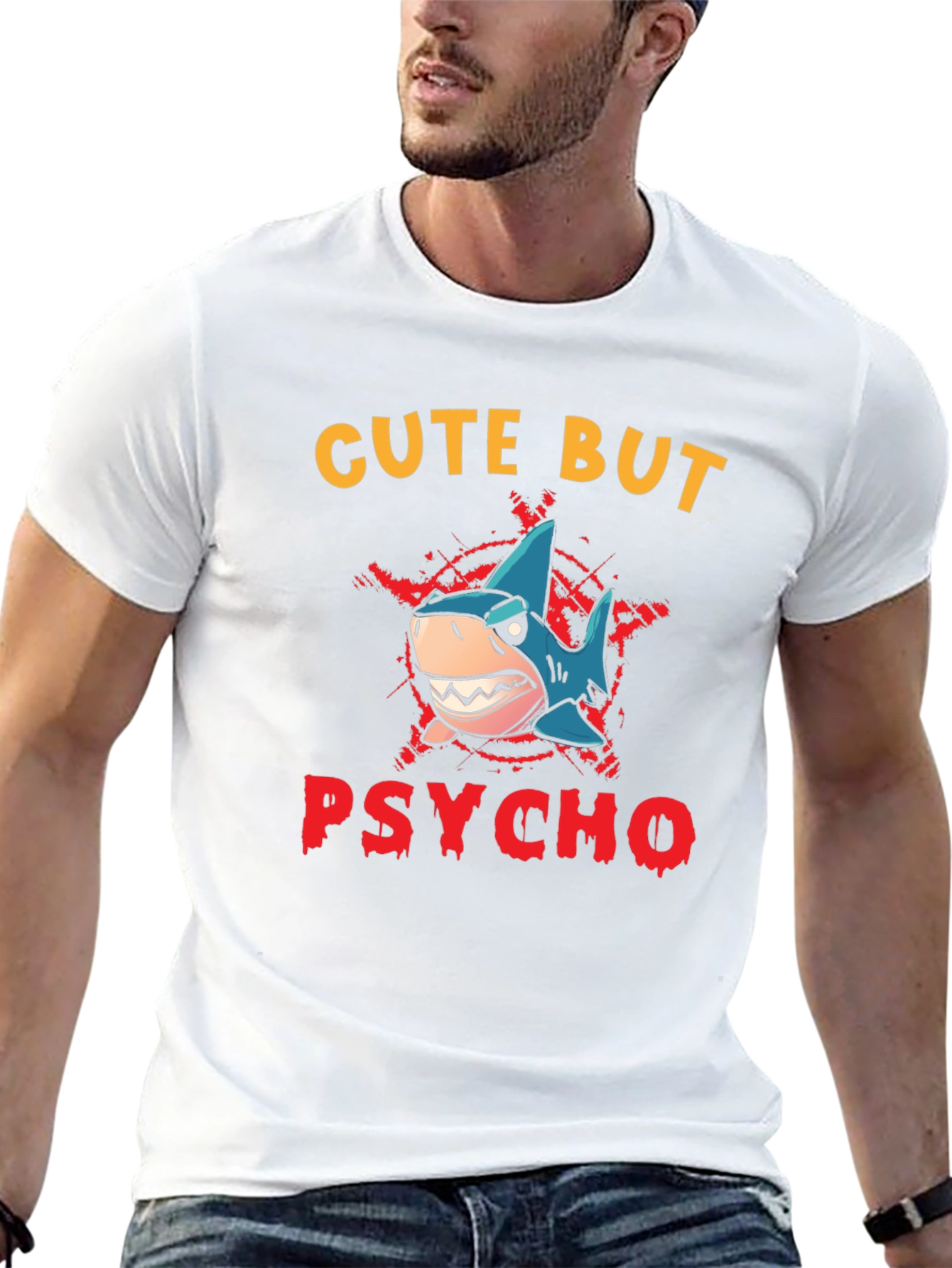 Cute But Psycho Shark Graphic Print T-Shirt - Black