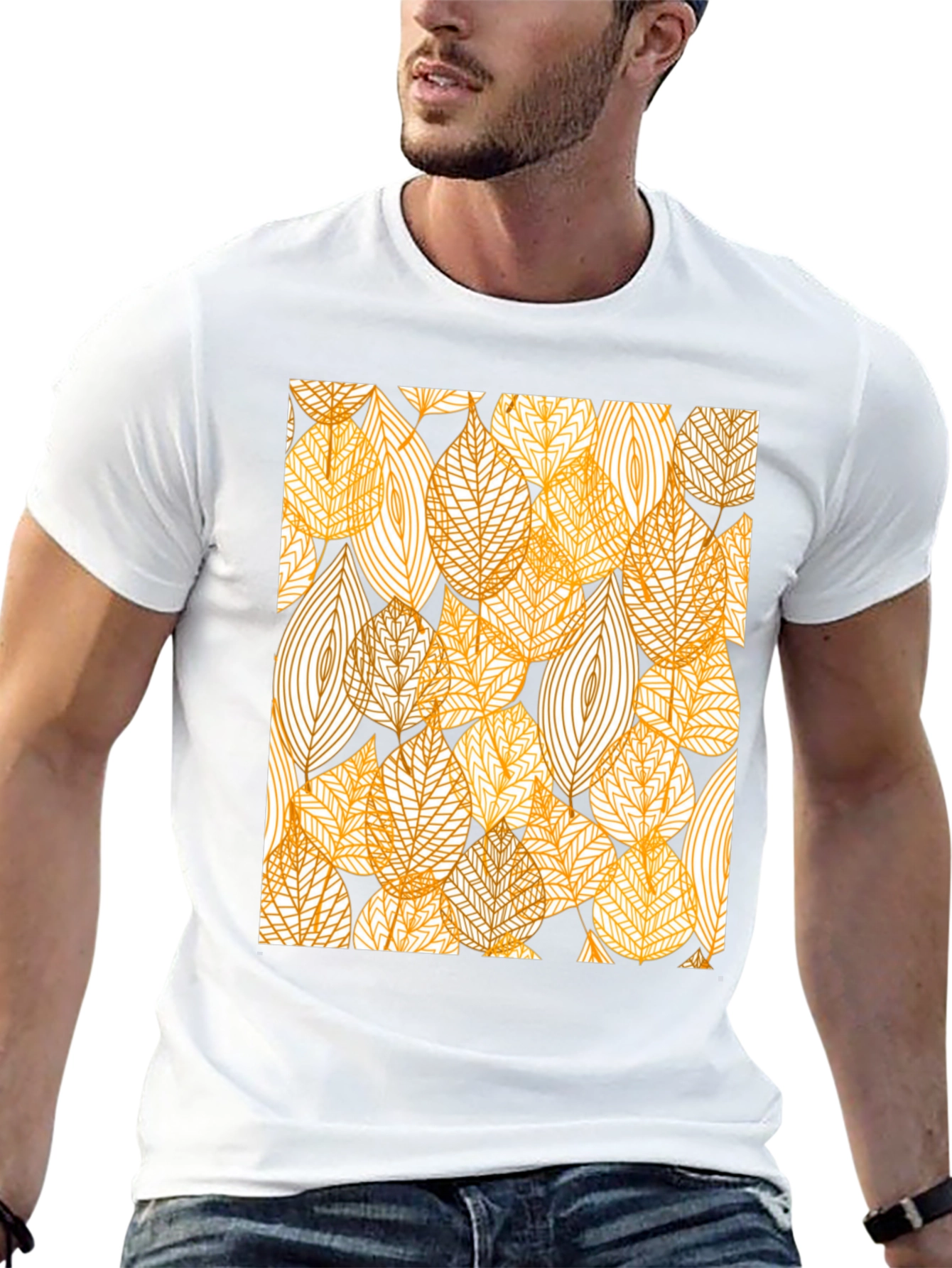 Stylish Leaf Pattern Black T-Shirt