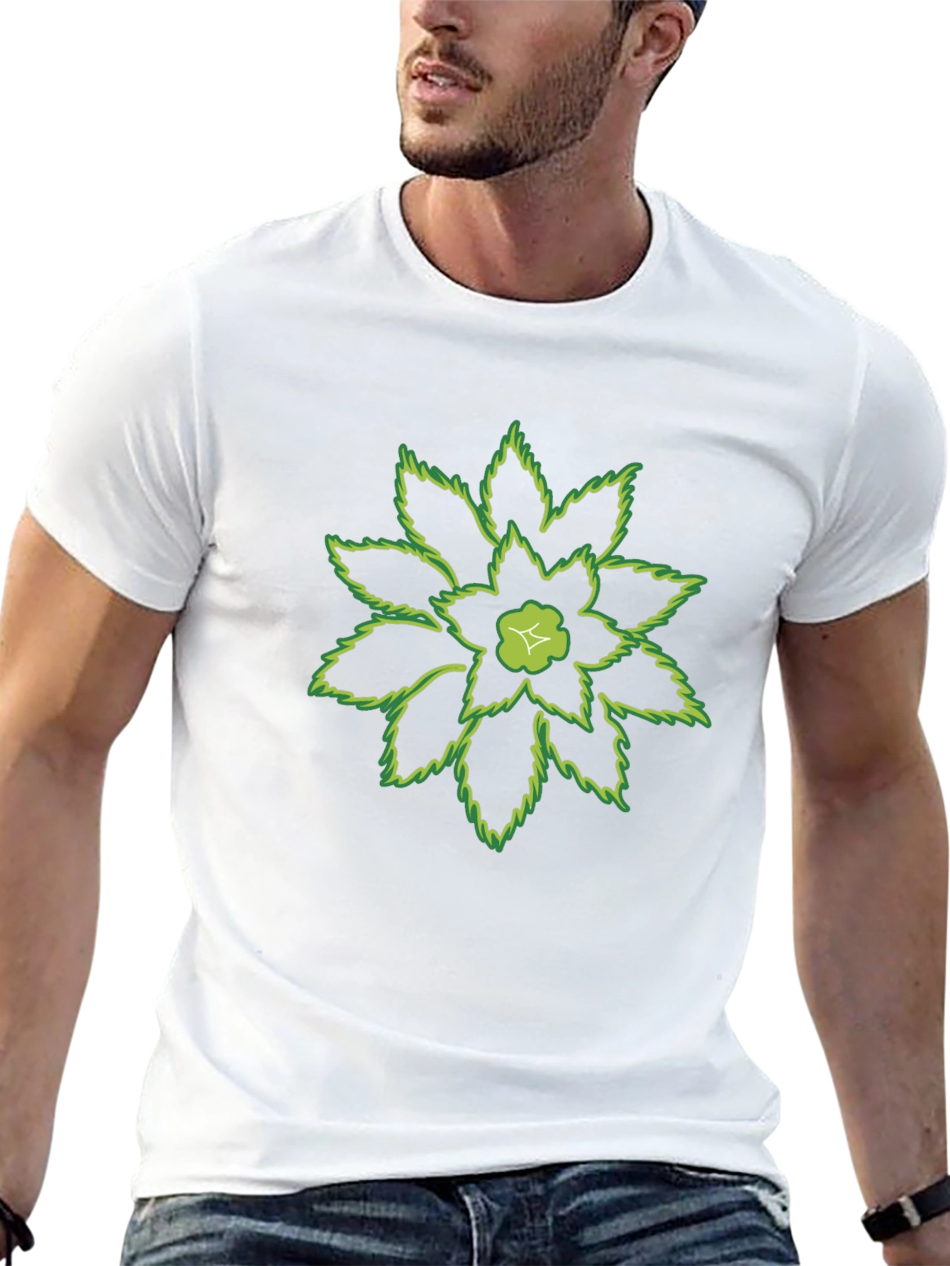 Green Floral Print Black T-Shirt