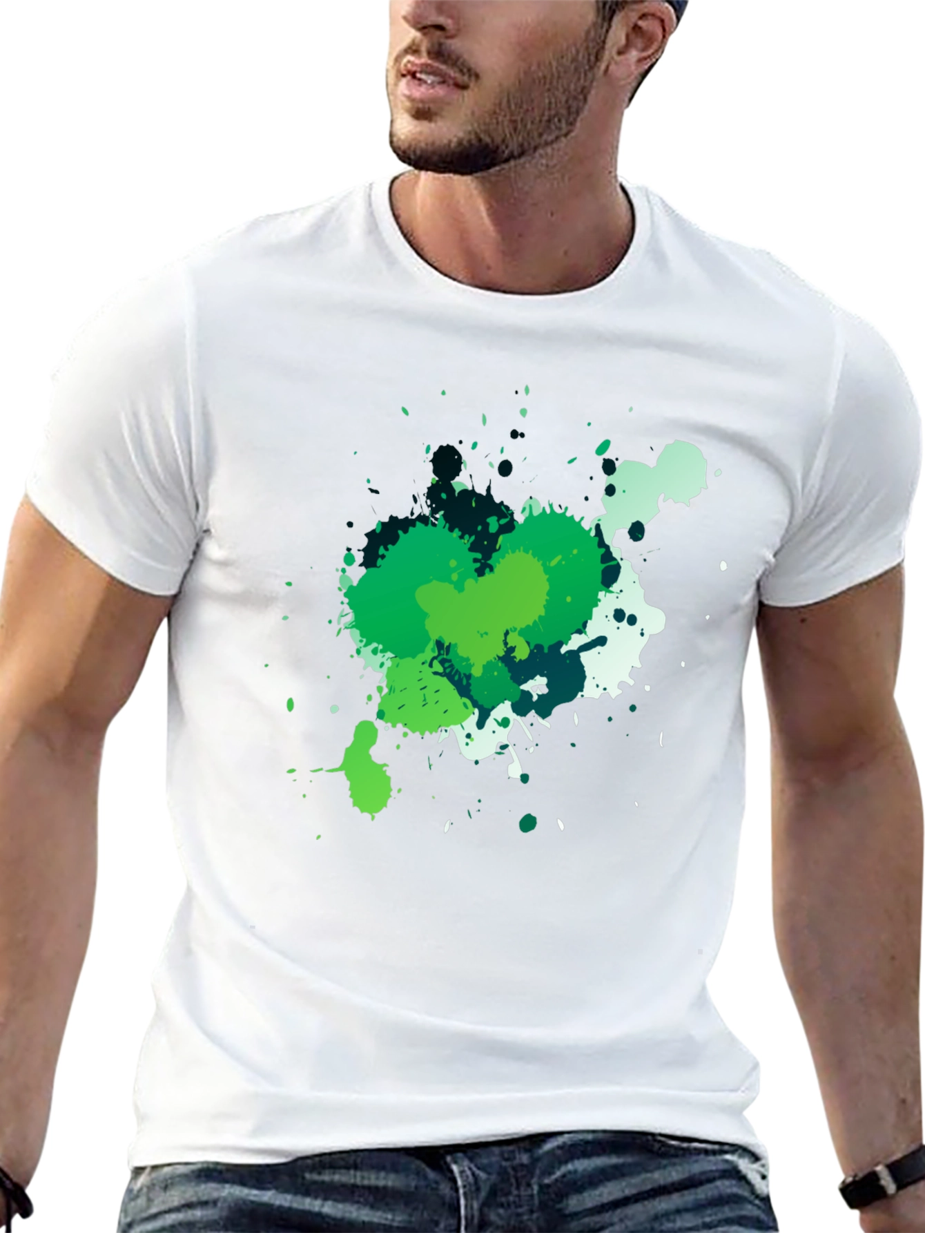 Abstract Green Splatter Graphic Black T-Shirt