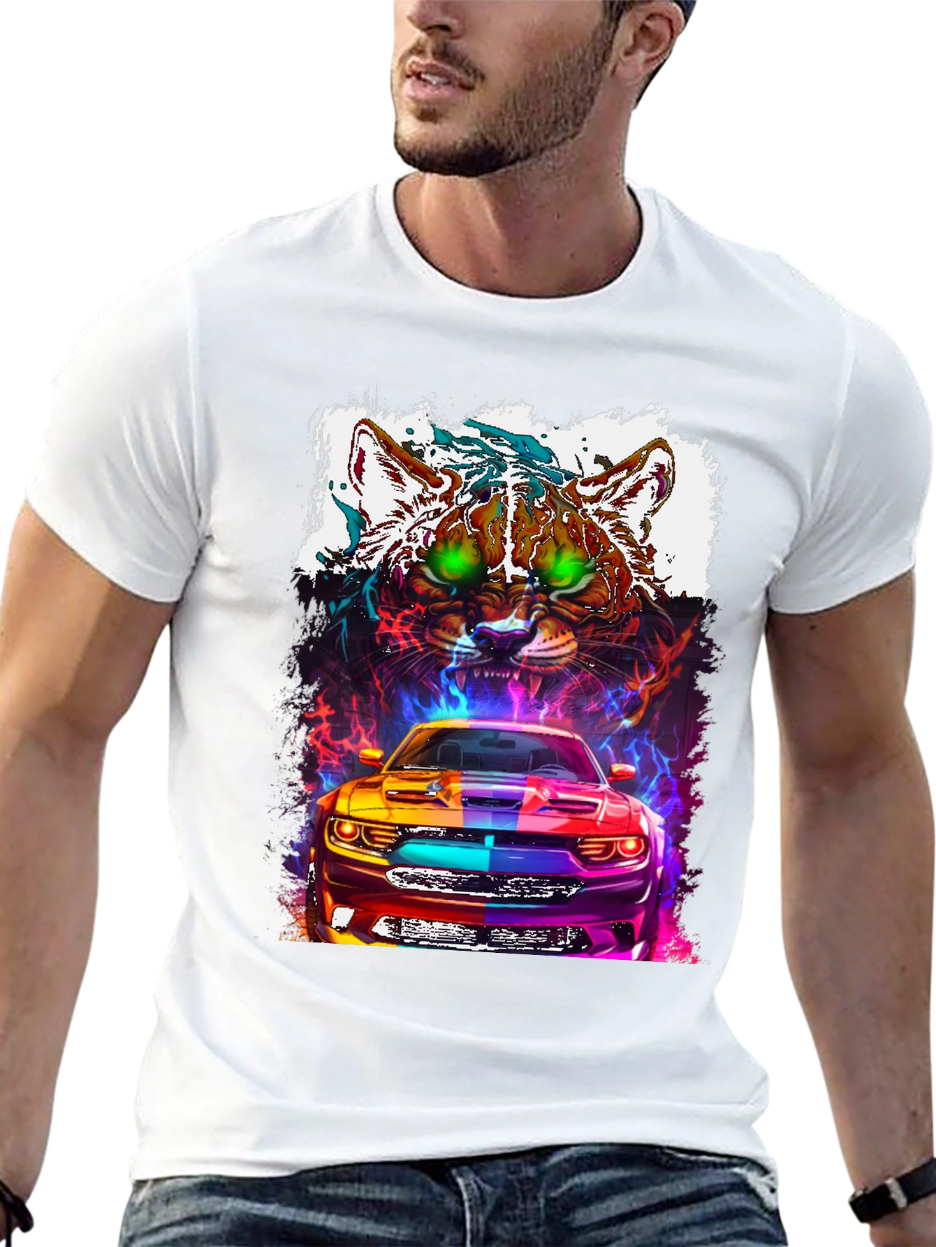 Car and Cat Graphic Tee - Cool Design