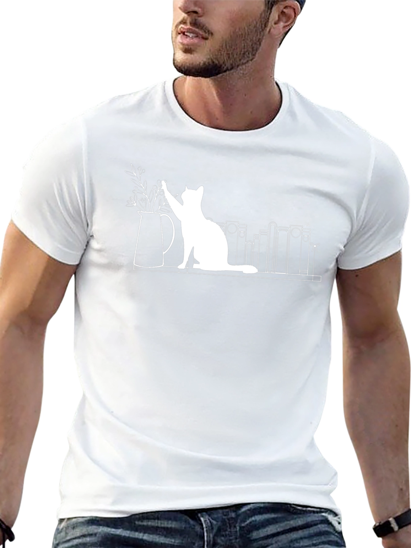 Quirky Cat & Books T-Shirt - Unique Graphic Tee