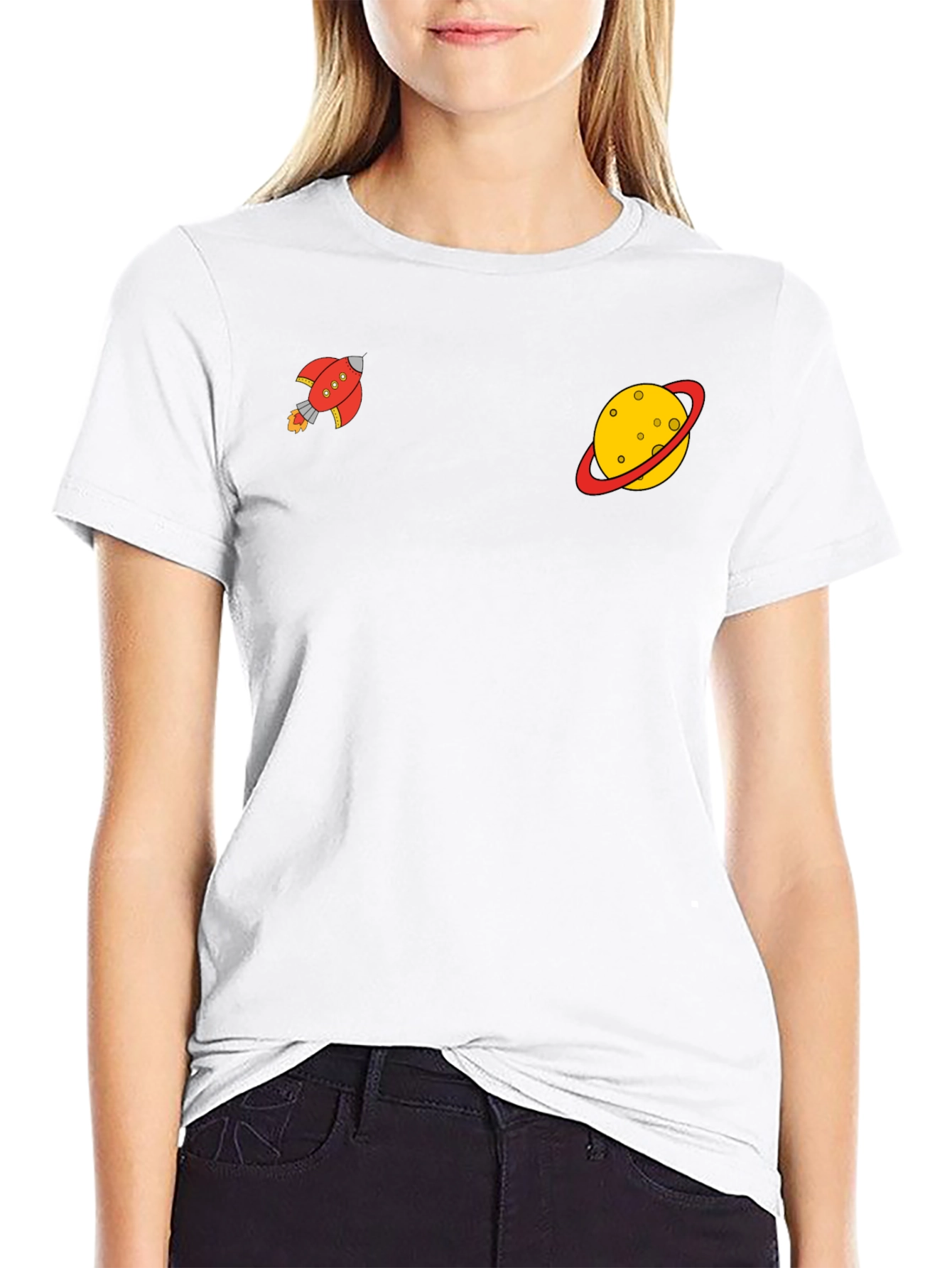 Space Explorer Black Tee: Rocket & Planet Graphic