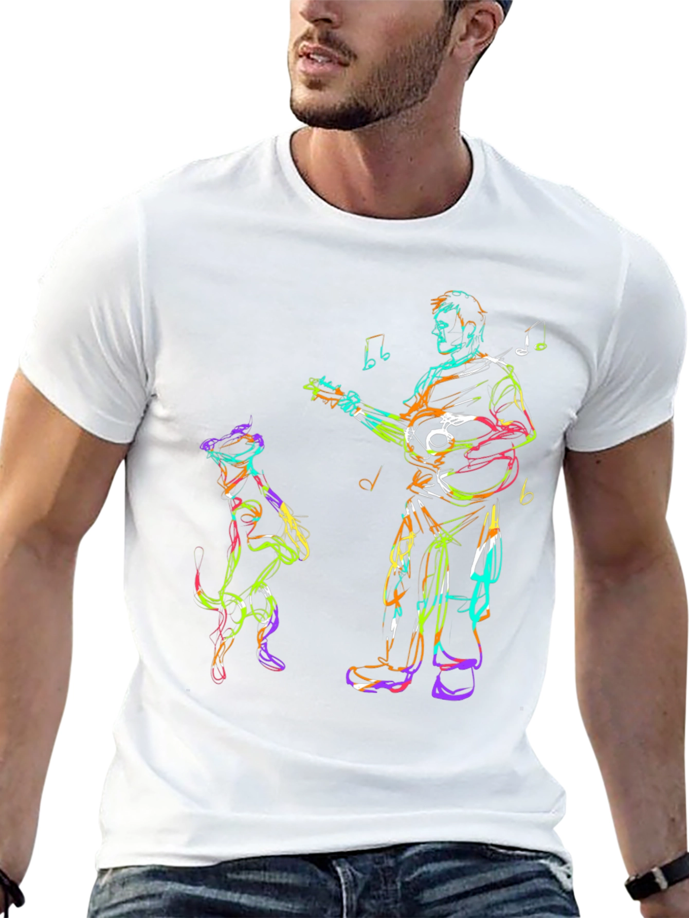 Musician Dog Sketch Black T-Shirt