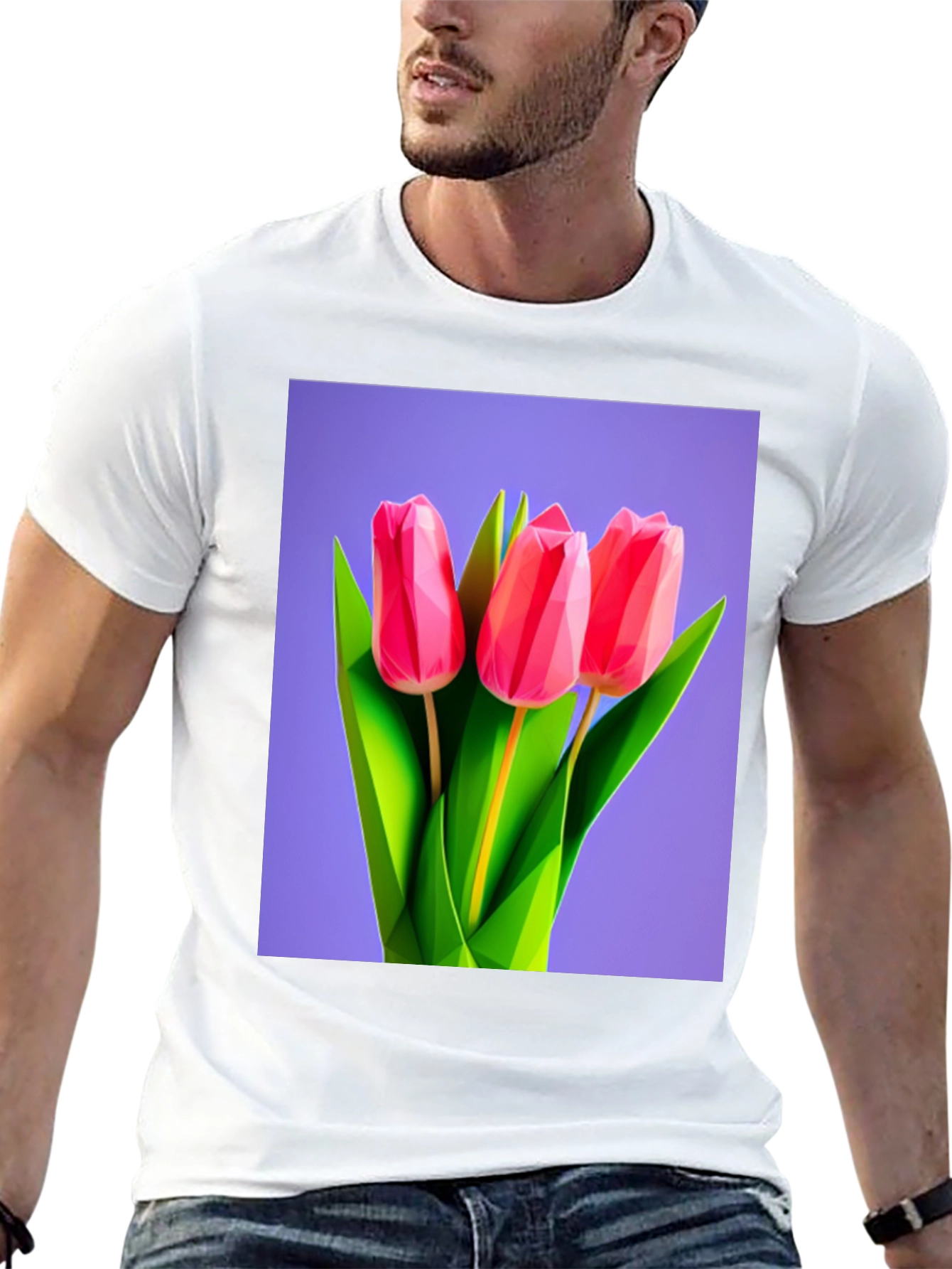 Geometric Tulip Print Black T-Shirt