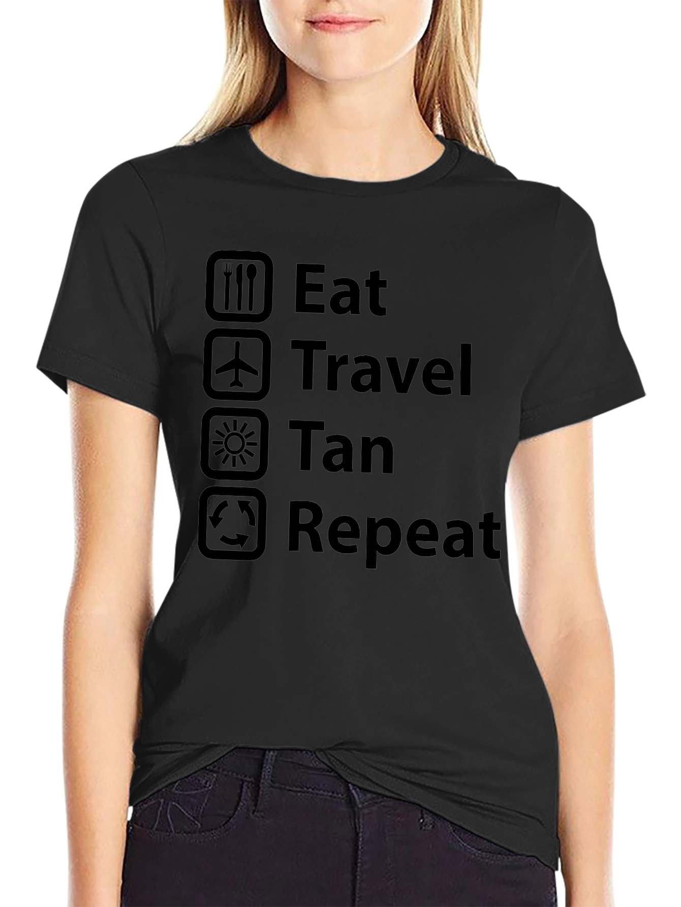 Eat Travel Tan Repeat Black Graphic T-Shirt