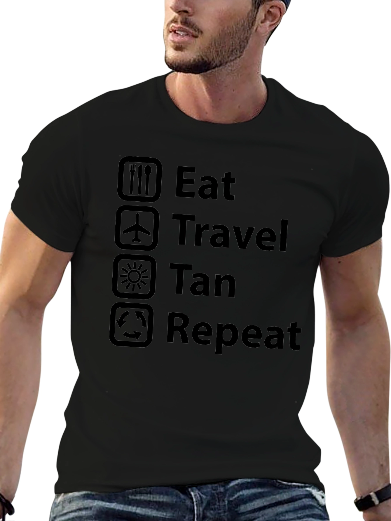 Eat Travel Tan Repeat Black Graphic T-Shirt
