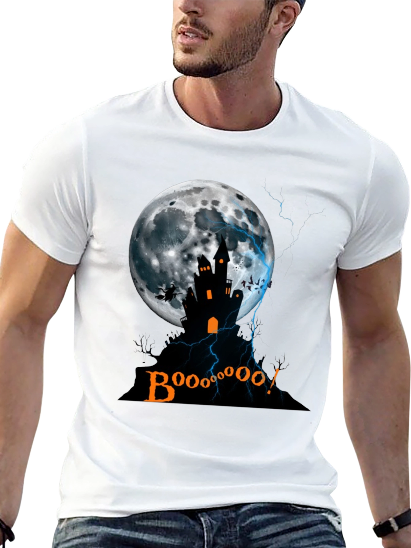 Spooky Halloween T-Shirt - Haunted House Moon Design