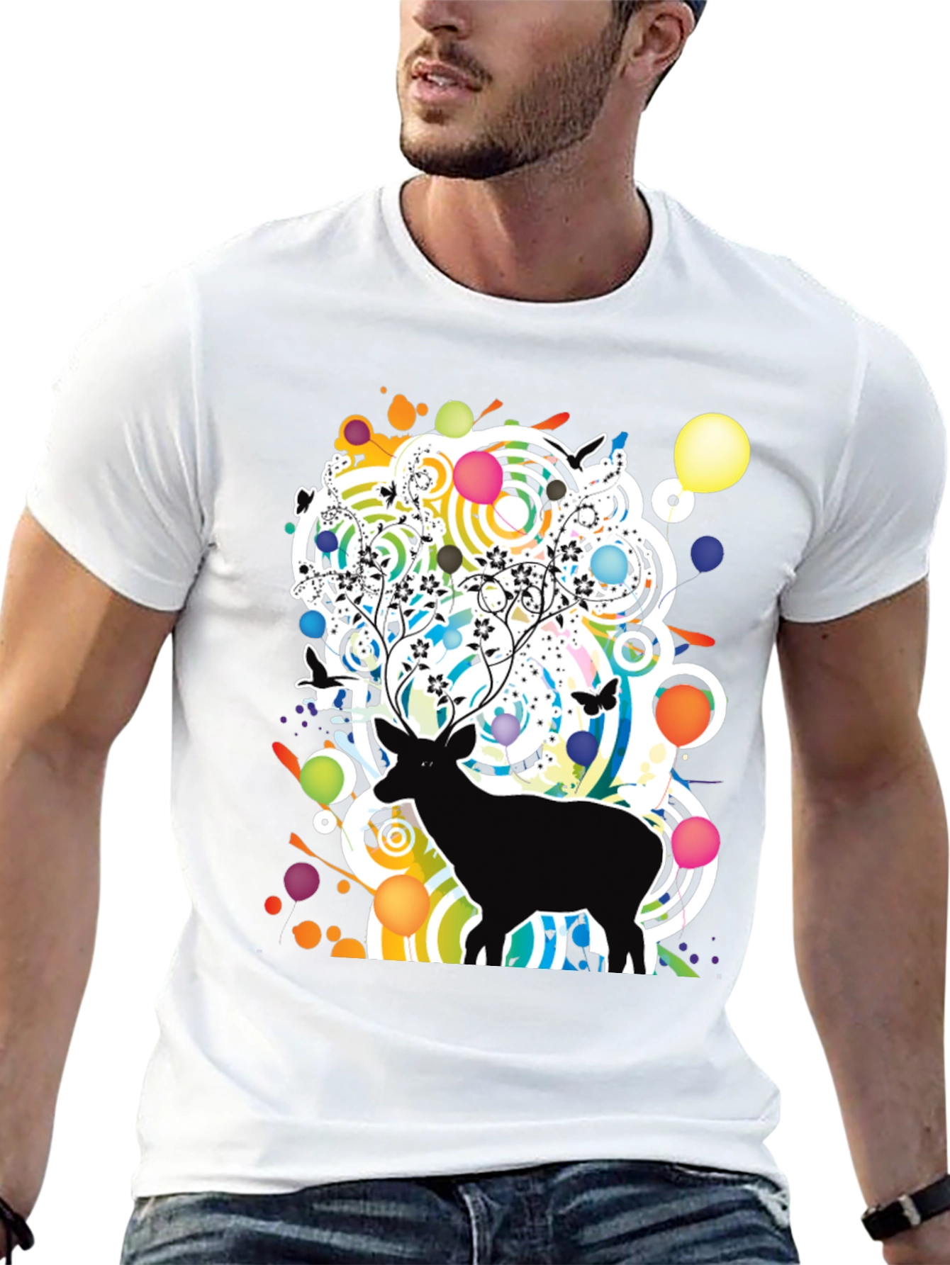 Artistic Deer Graphic Tee - Modern Black T-Shirt