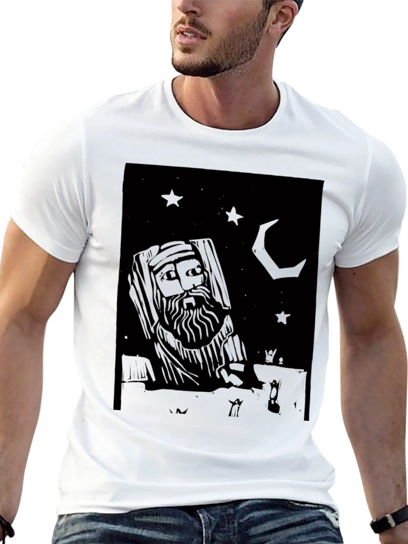 Mystic Black Graphic Tee: Stars Moon and Wise Man