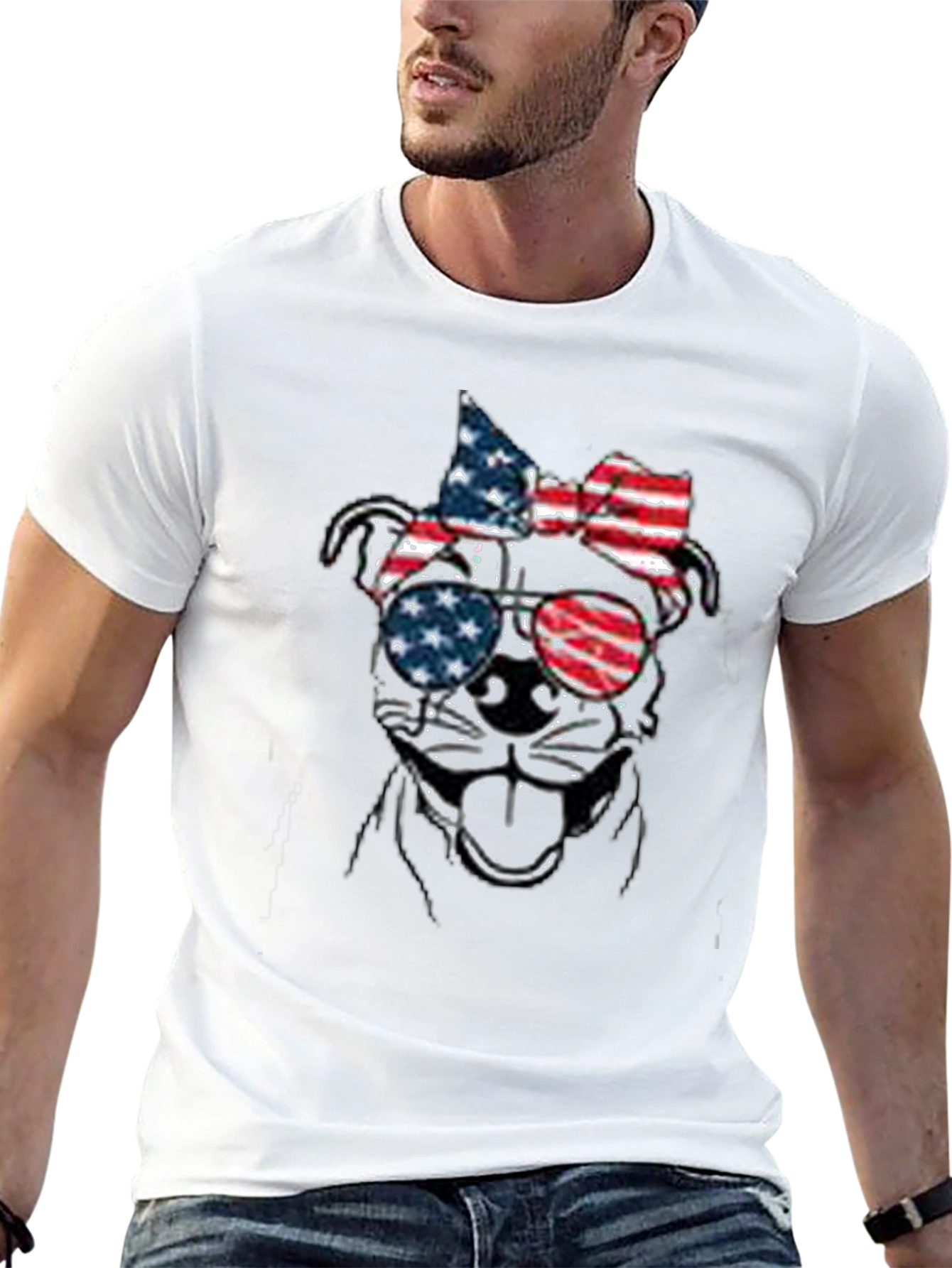 Patriotic Dog T-Shirt - USA Flag Sunglasses & Bow