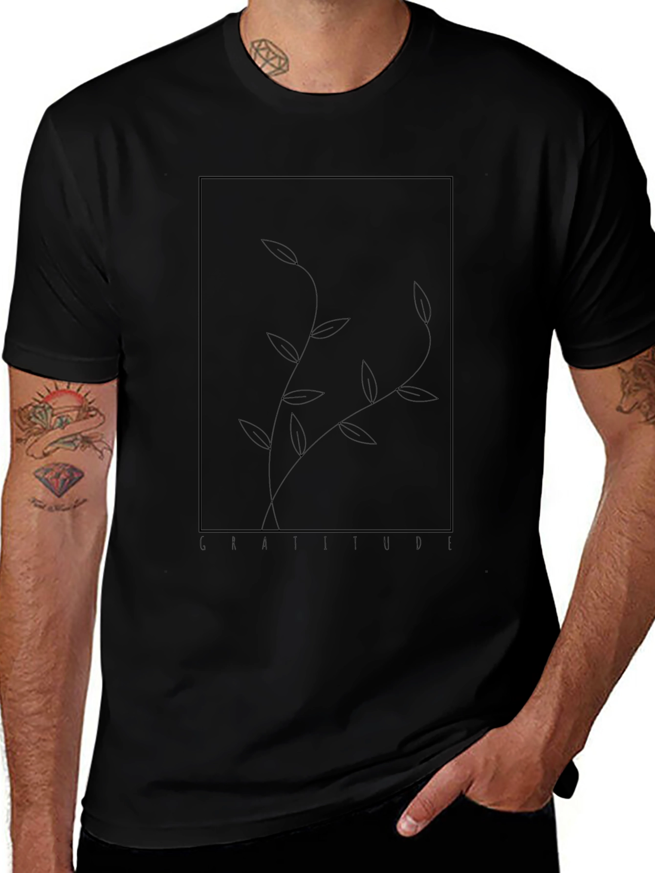 Minimalist Black T-Shirt with Botanical Graphic
