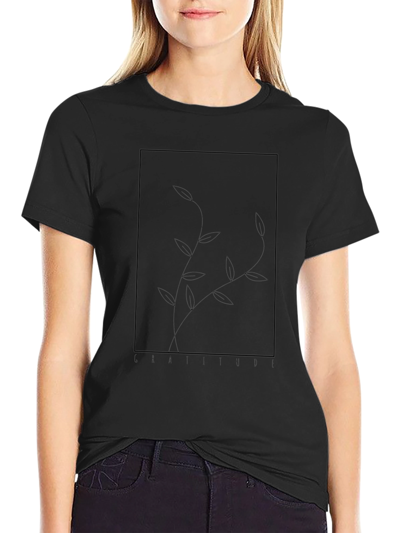 Minimalist Black T-Shirt with Botanical Graphic