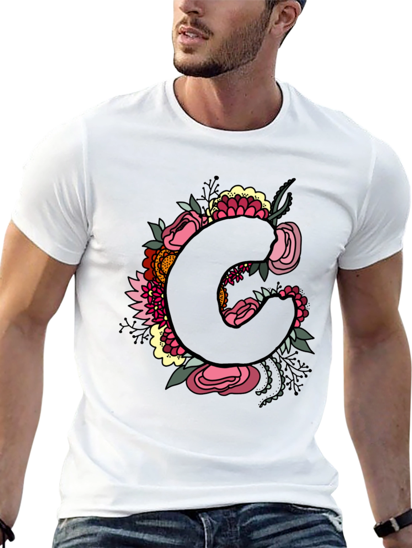 Floral Initial C Black T-Shirt