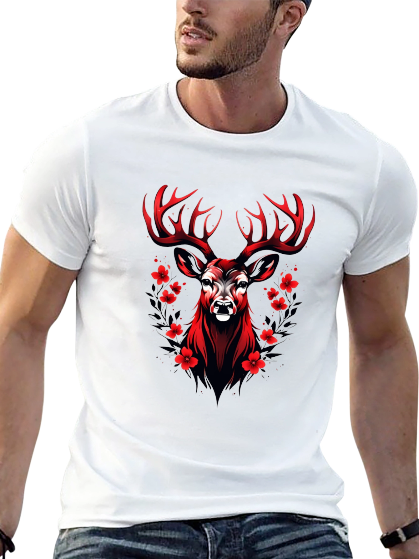 Red Deer Floral Graphic Black T-Shirt