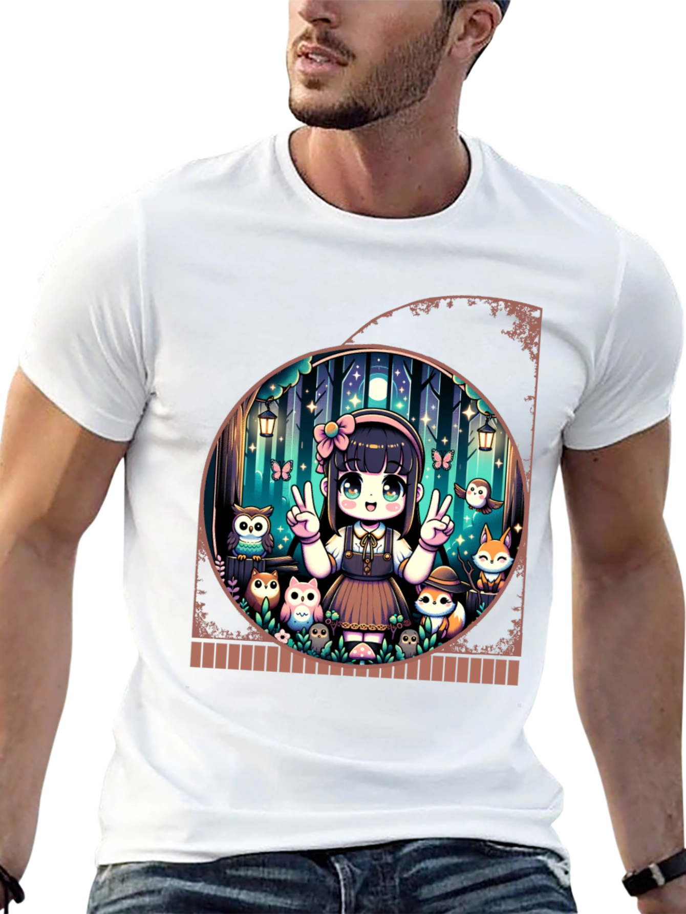 Anime Girl & Forest Animals Black T-Shirt