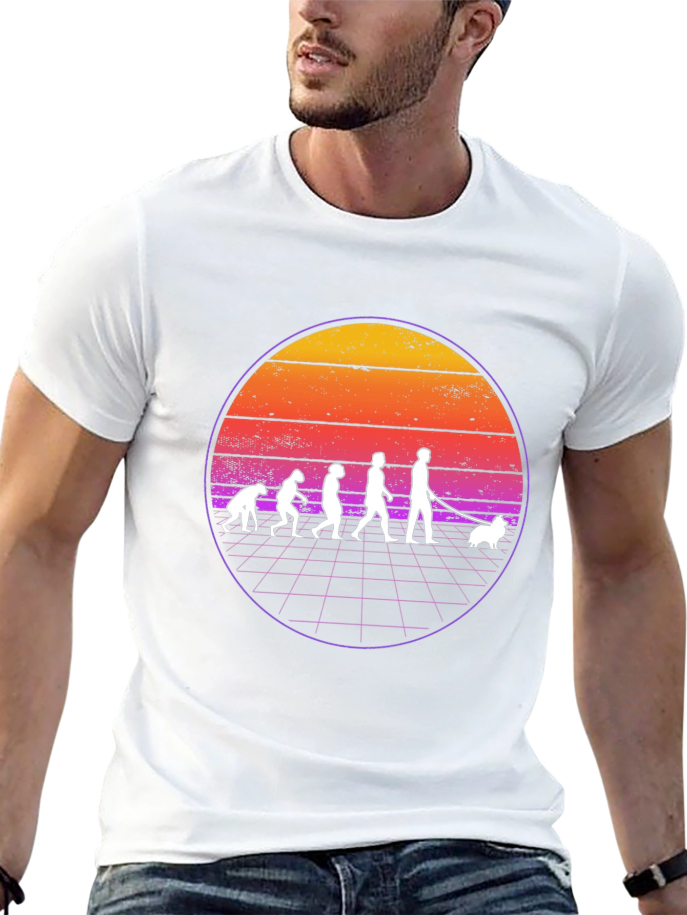 Evolution of Dog Walker T-Shirt - Retro Sunset Design