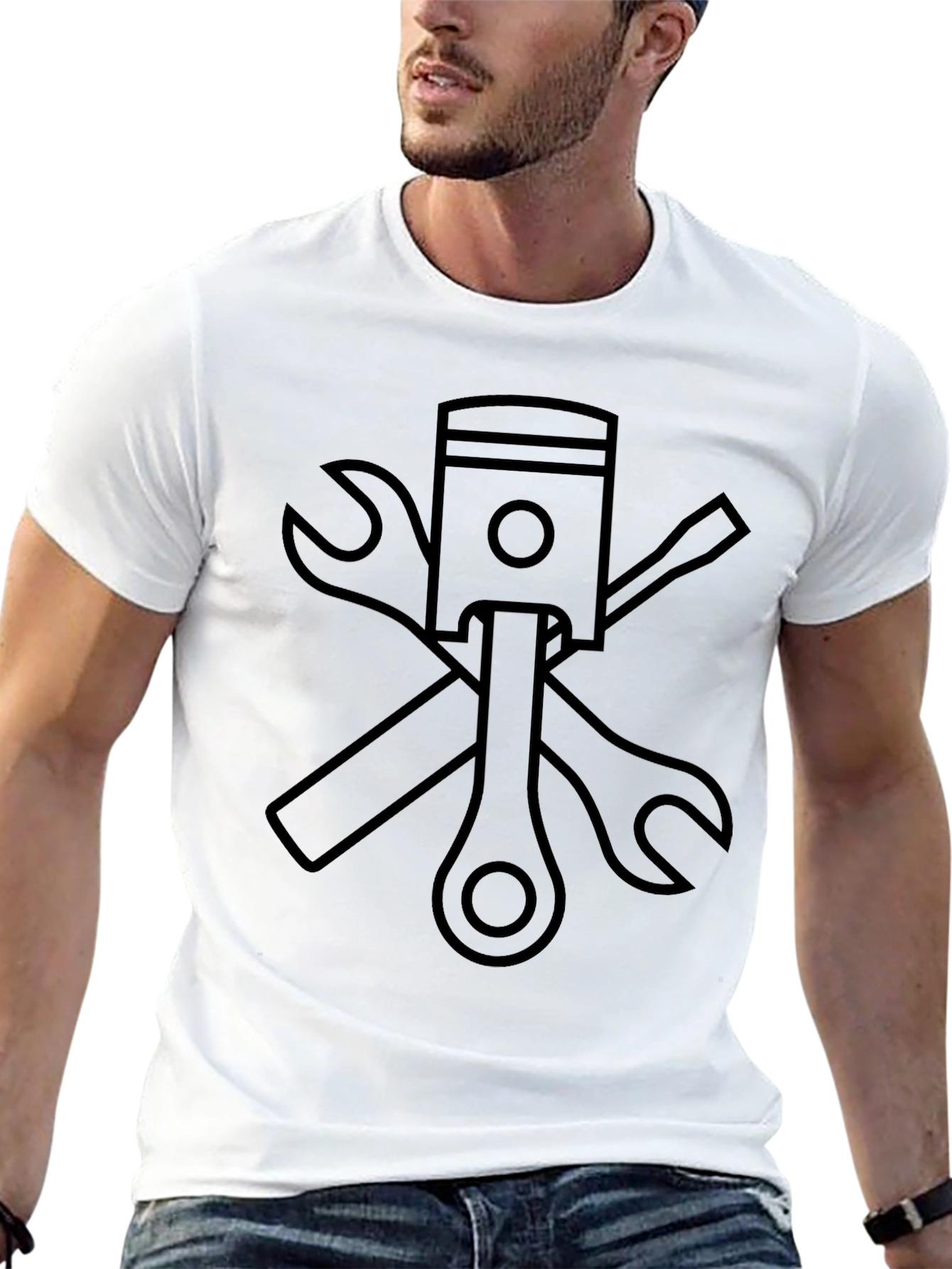 Black Mechanic T-Shirt with Piston & Tools Graphic
