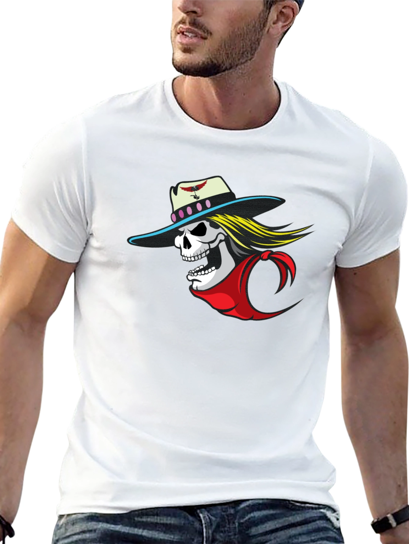 Skull Cowboy Graphic Tee - Black Cotton T-Shirt
