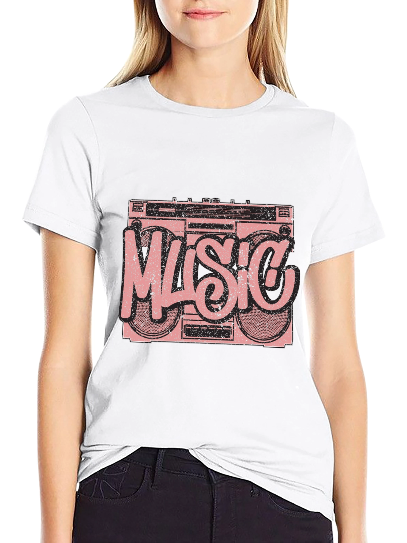 Retro Music Boombox Graphic T-Shirt - Black
