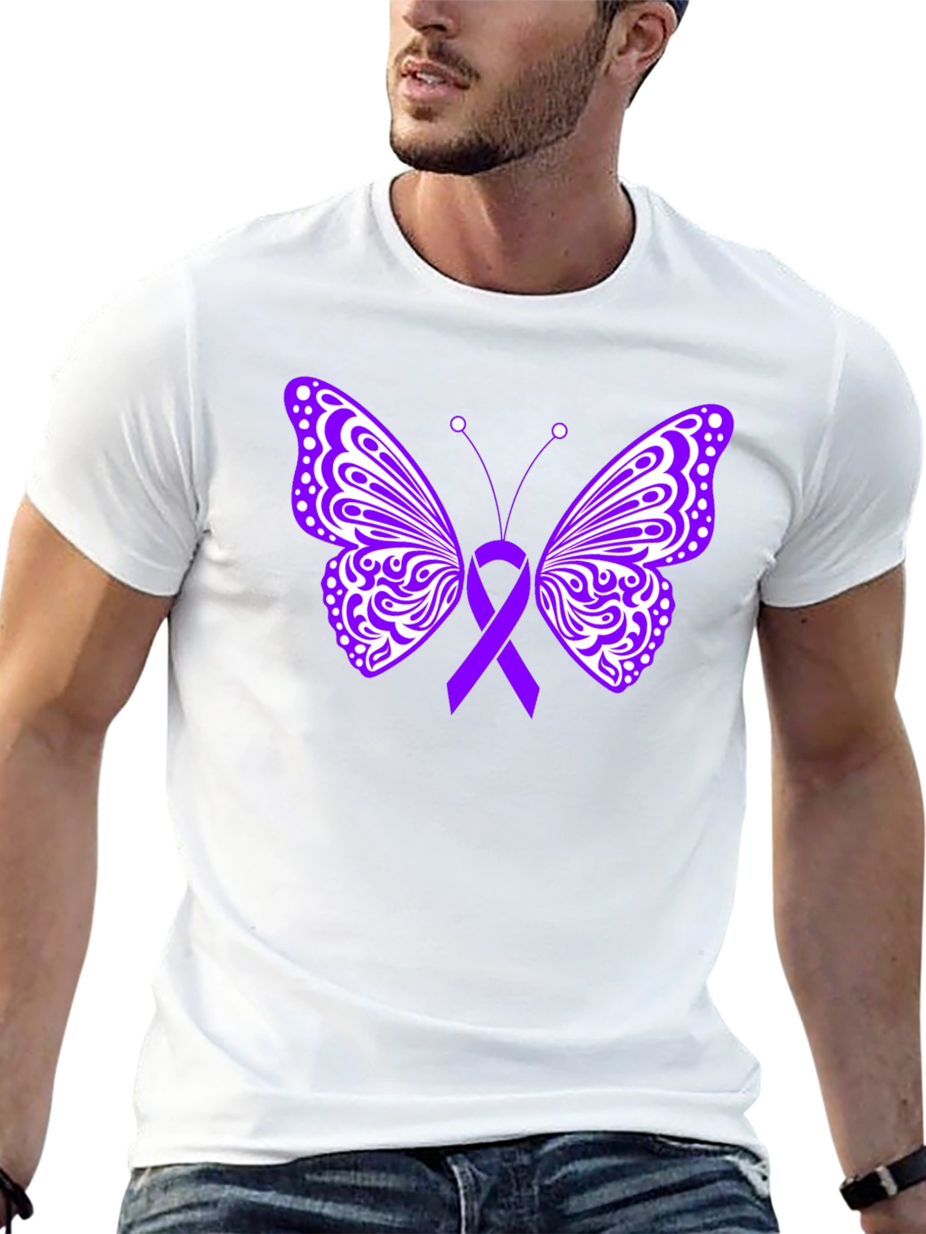 Purple Ribbon Butterfly Black T-Shirt