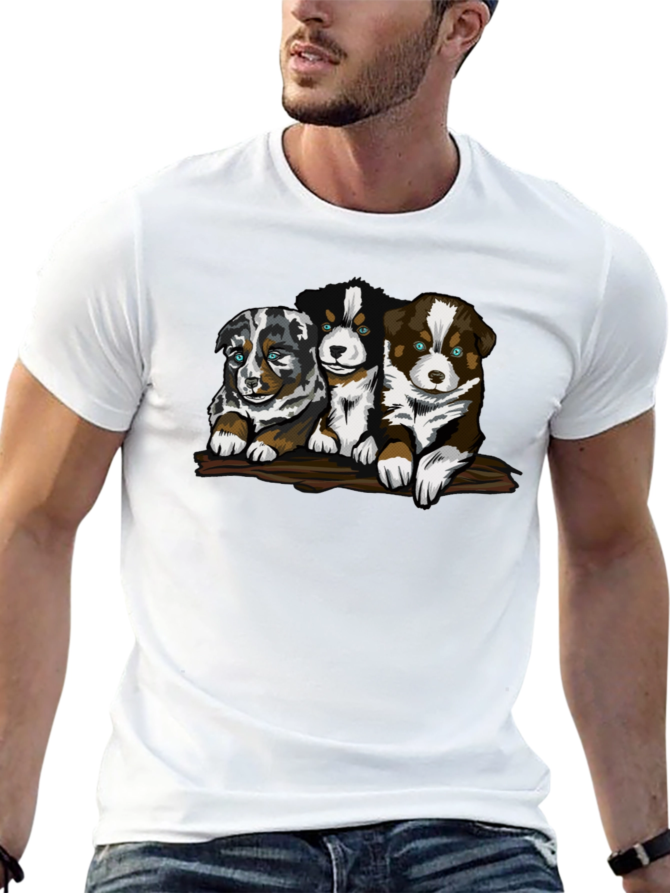 Cute Puppy Trio Graphic T-Shirt - Black