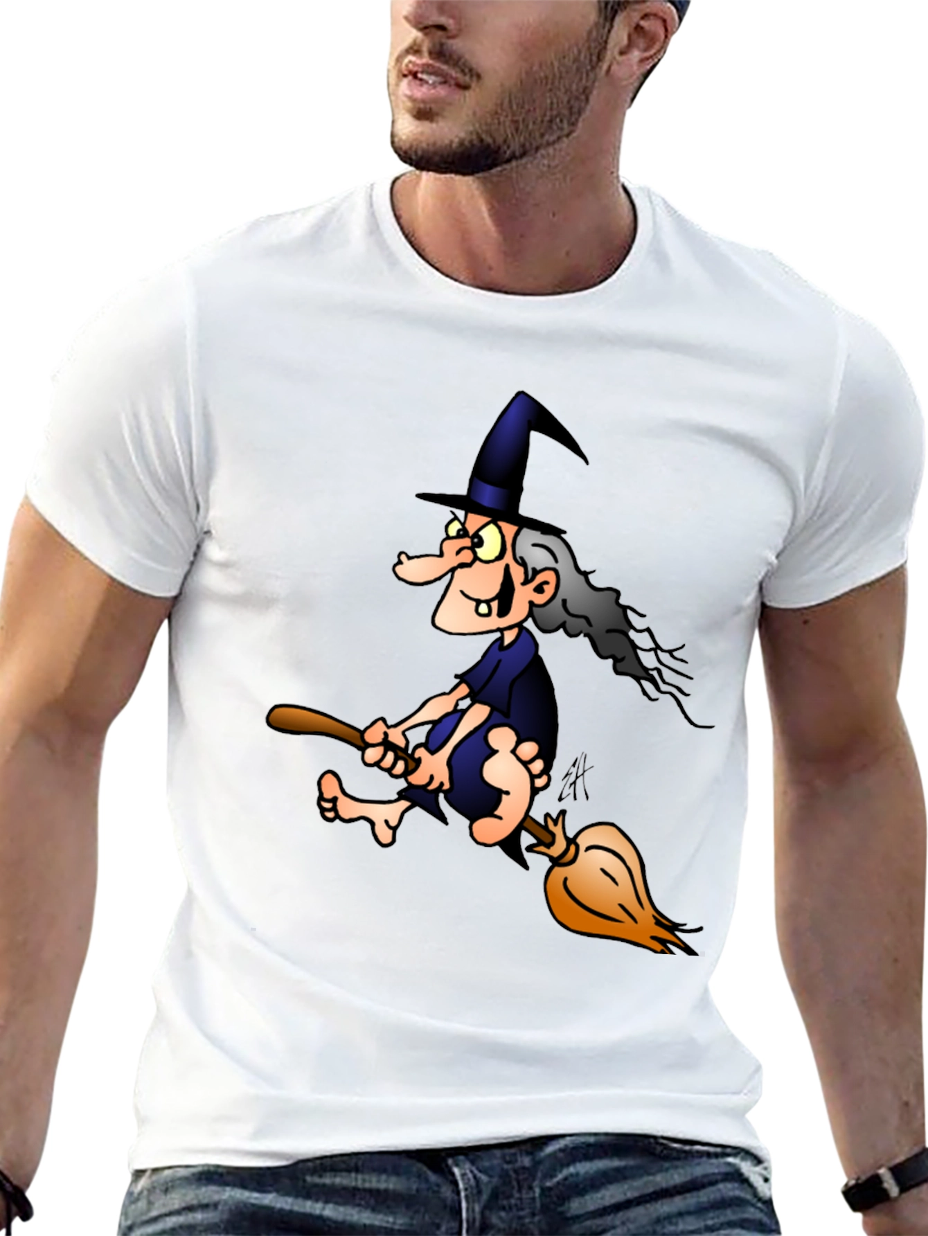 Witch on Broom T-Shirt - Cartoon Graphic Tee