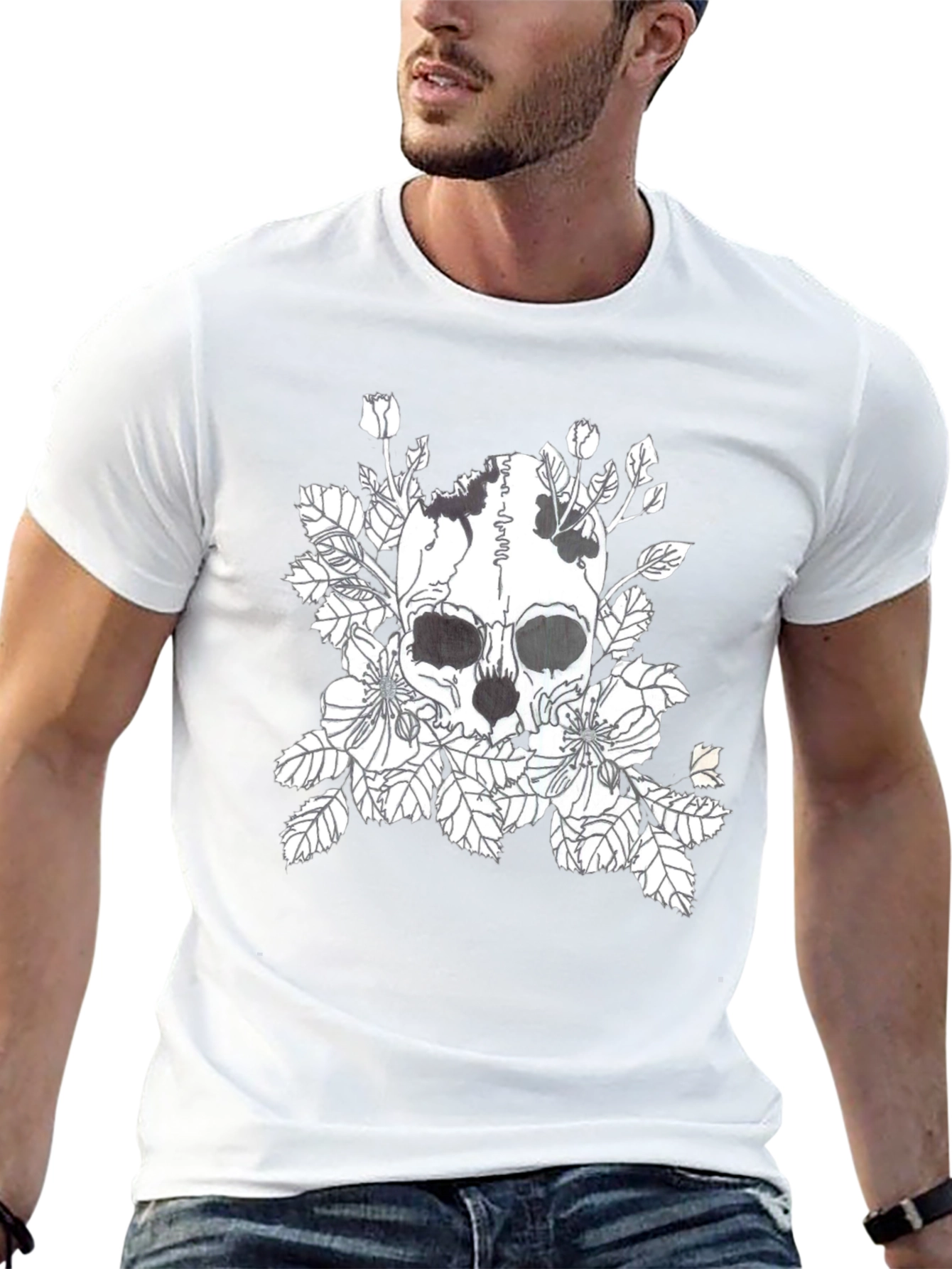 Skull & Floral Graphic Print Black T-Shirt