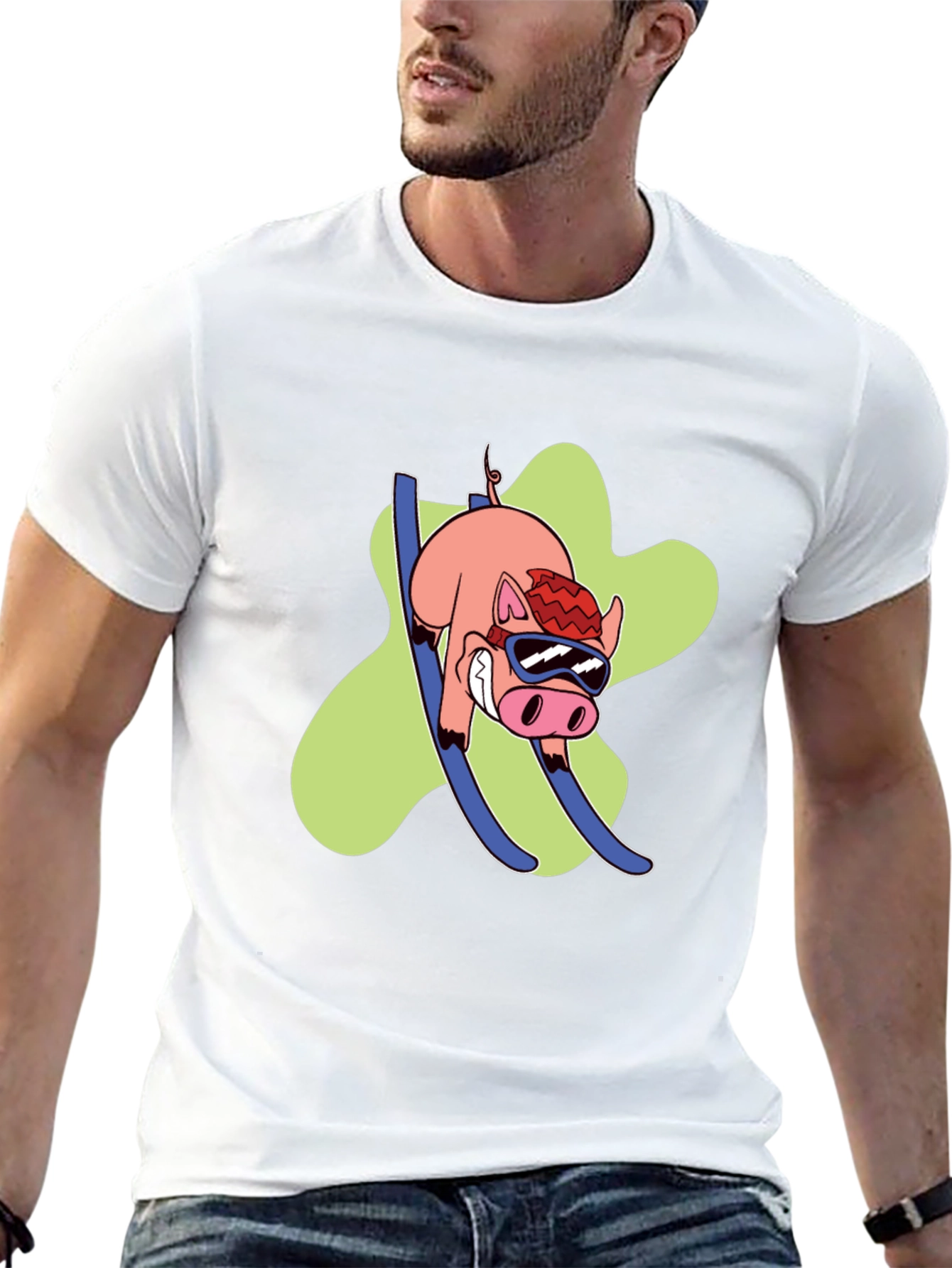 Skiing Pig Graphic Tee - Black Crew Neck T-Shirt