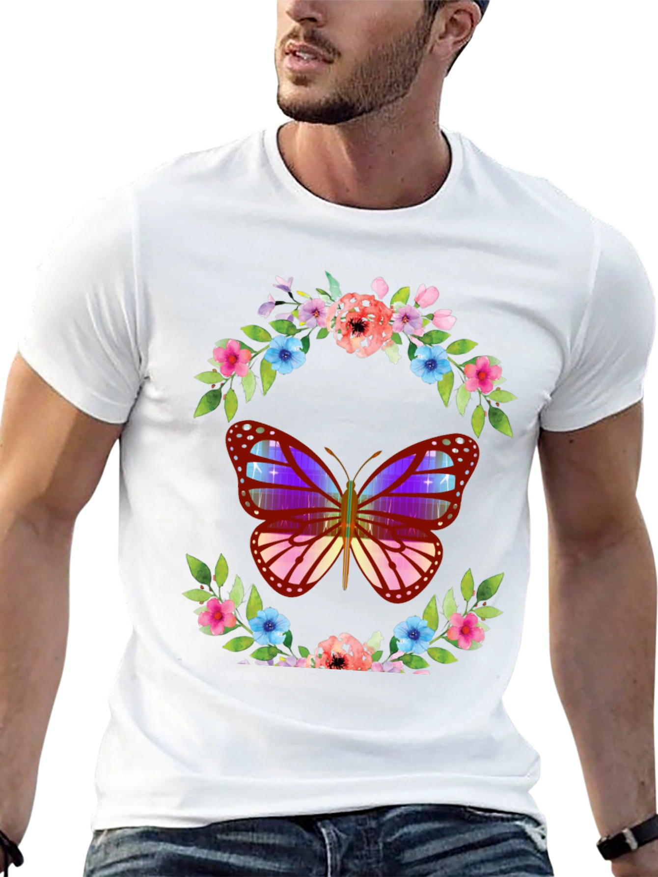 Butterfly Floral Wreath Graphic T-Shirt