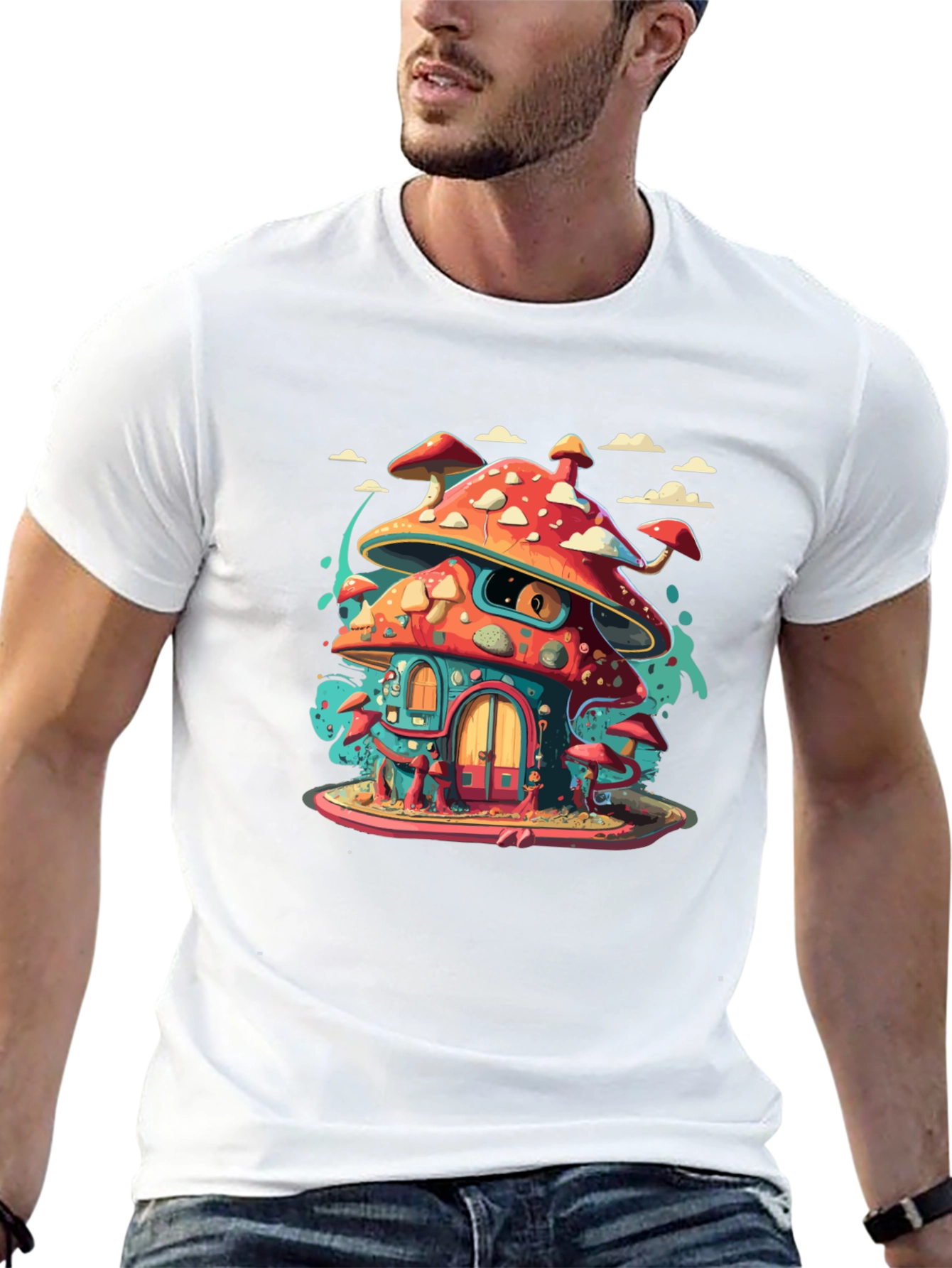 Mushroom House Graphic Tee - Funky Black T-Shirt