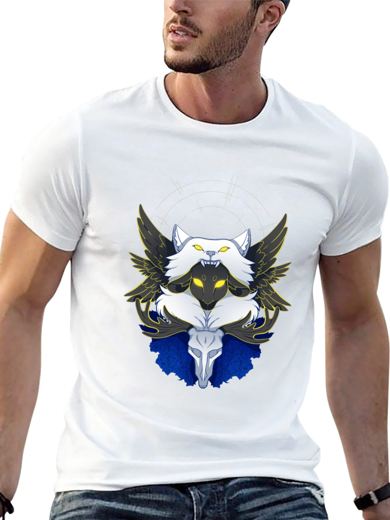 Winged Wolf & Skull Graphic Tee - Unique Design