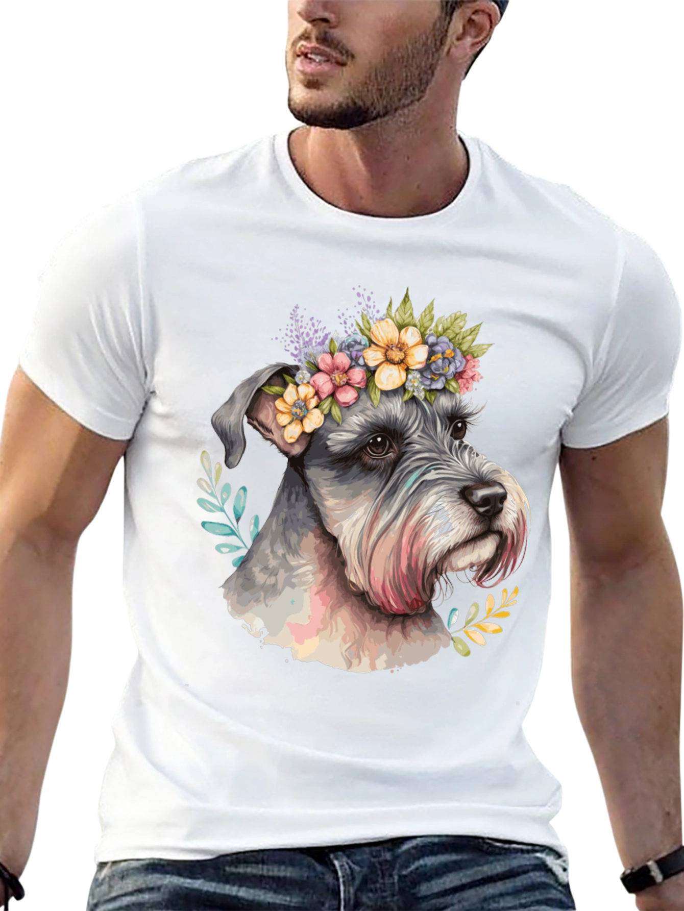 Dog with Floral Crown Mens Black T-Shirt