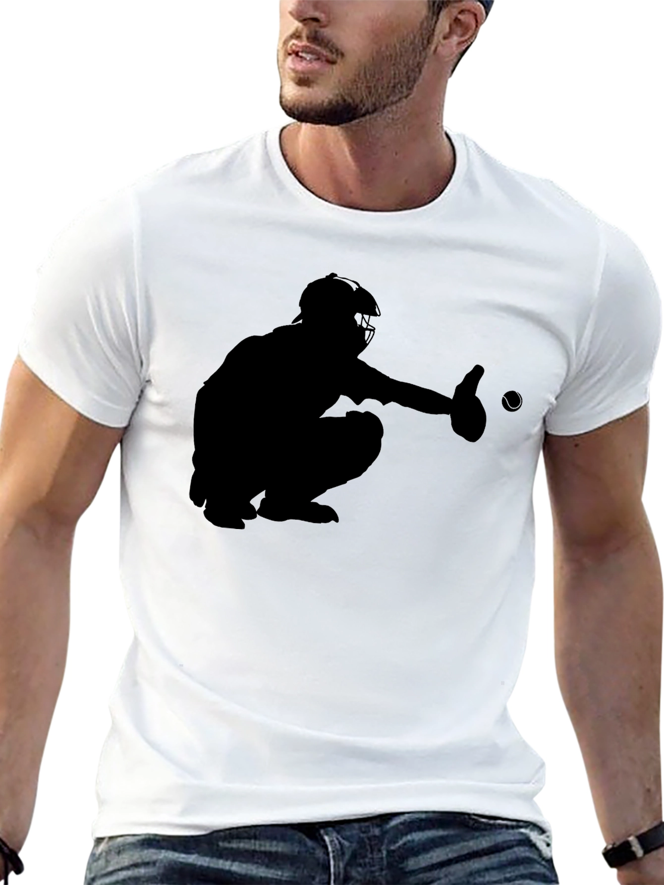Baseball Catcher Silhouette Black T-Shirt