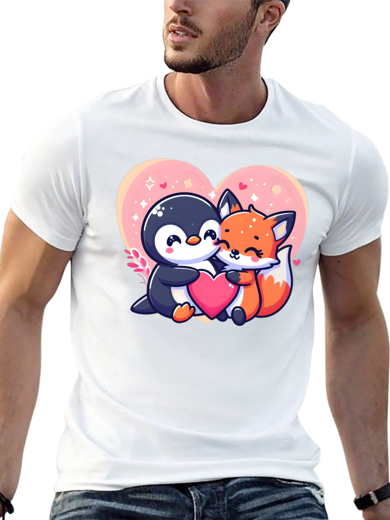 Cute Penguin & Fox Love Heart Graphic Tee