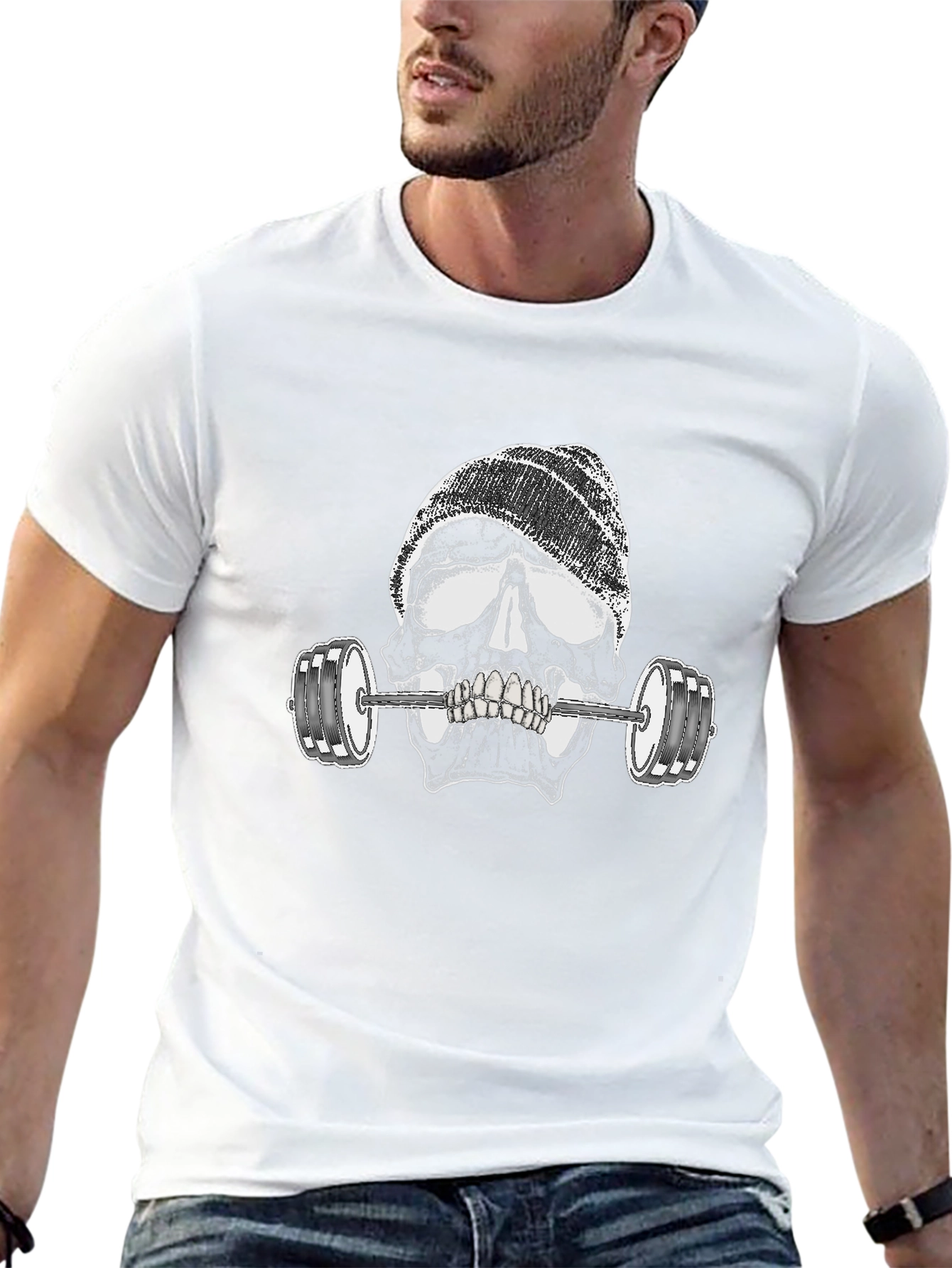 Skull Lifting Weights Graphic Black T-Shirt