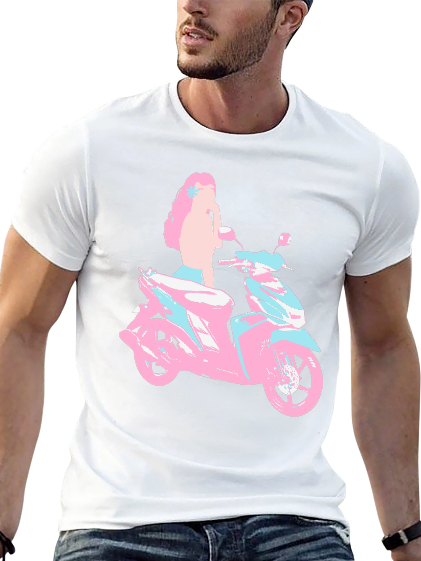Pink & Blue Motorcycle Girl Graphic T-Shirt