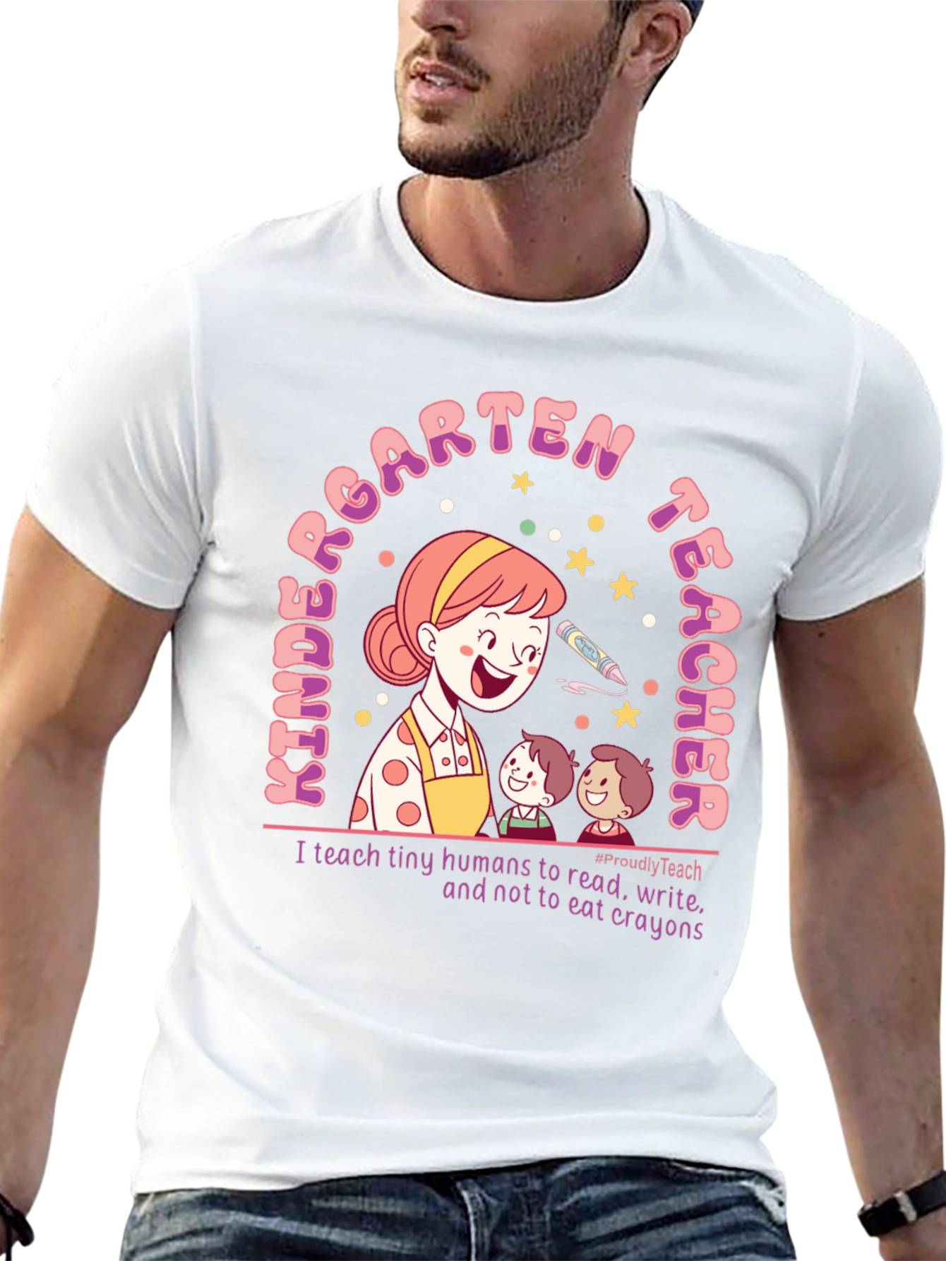 Kindergarten Teacher T-Shirt: Read Write No Crayons!