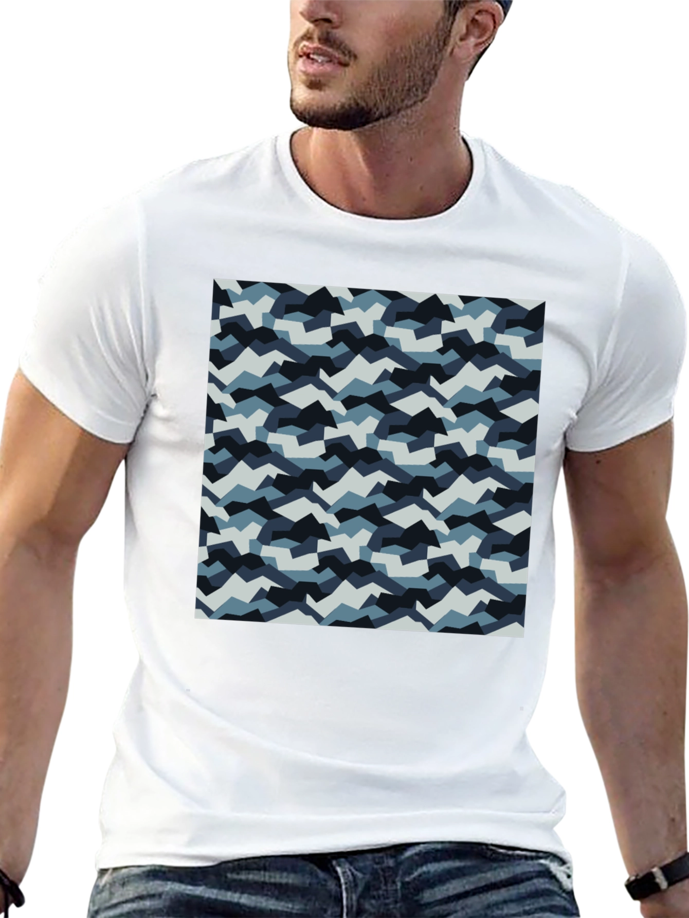 Mens Black T-Shirt with Blue Camo Pattern