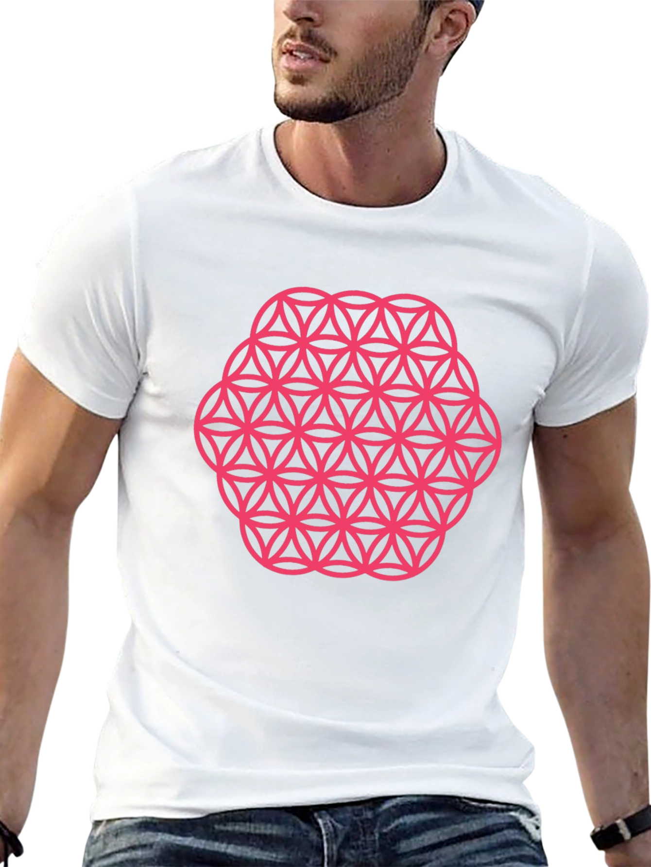 Mens Black T-Shirt with Pink Flower of Life Graphic