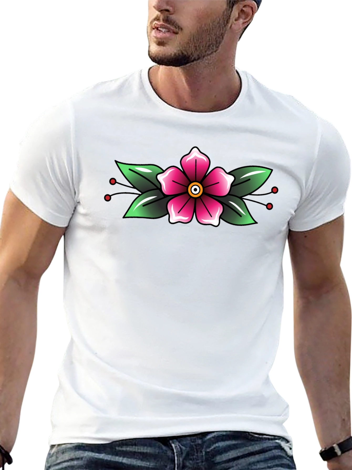 Black T-Shirt with Floral Tattoo Style Design