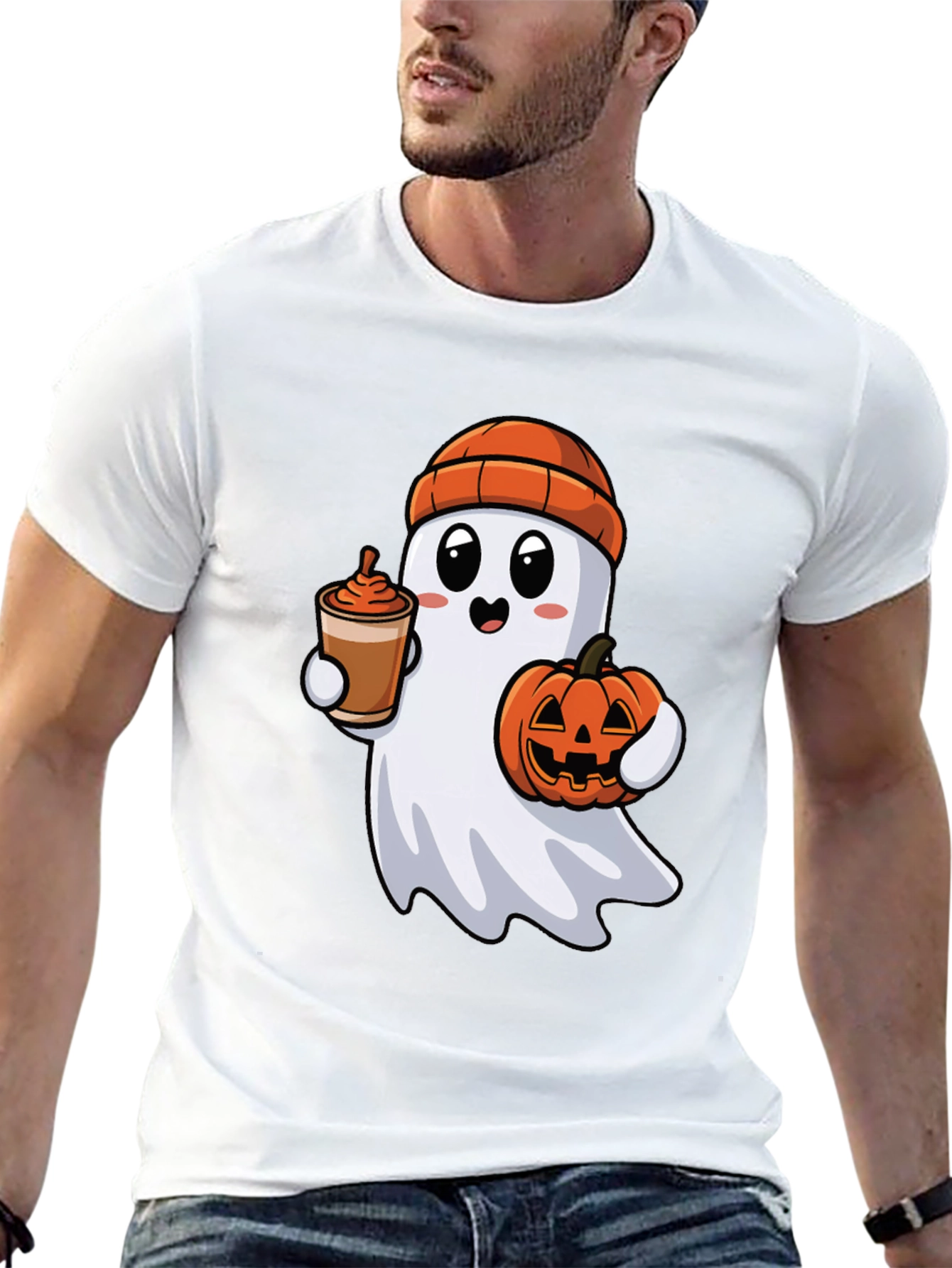 Ghost with Pumpkin & Coffee Halloween T-Shirt