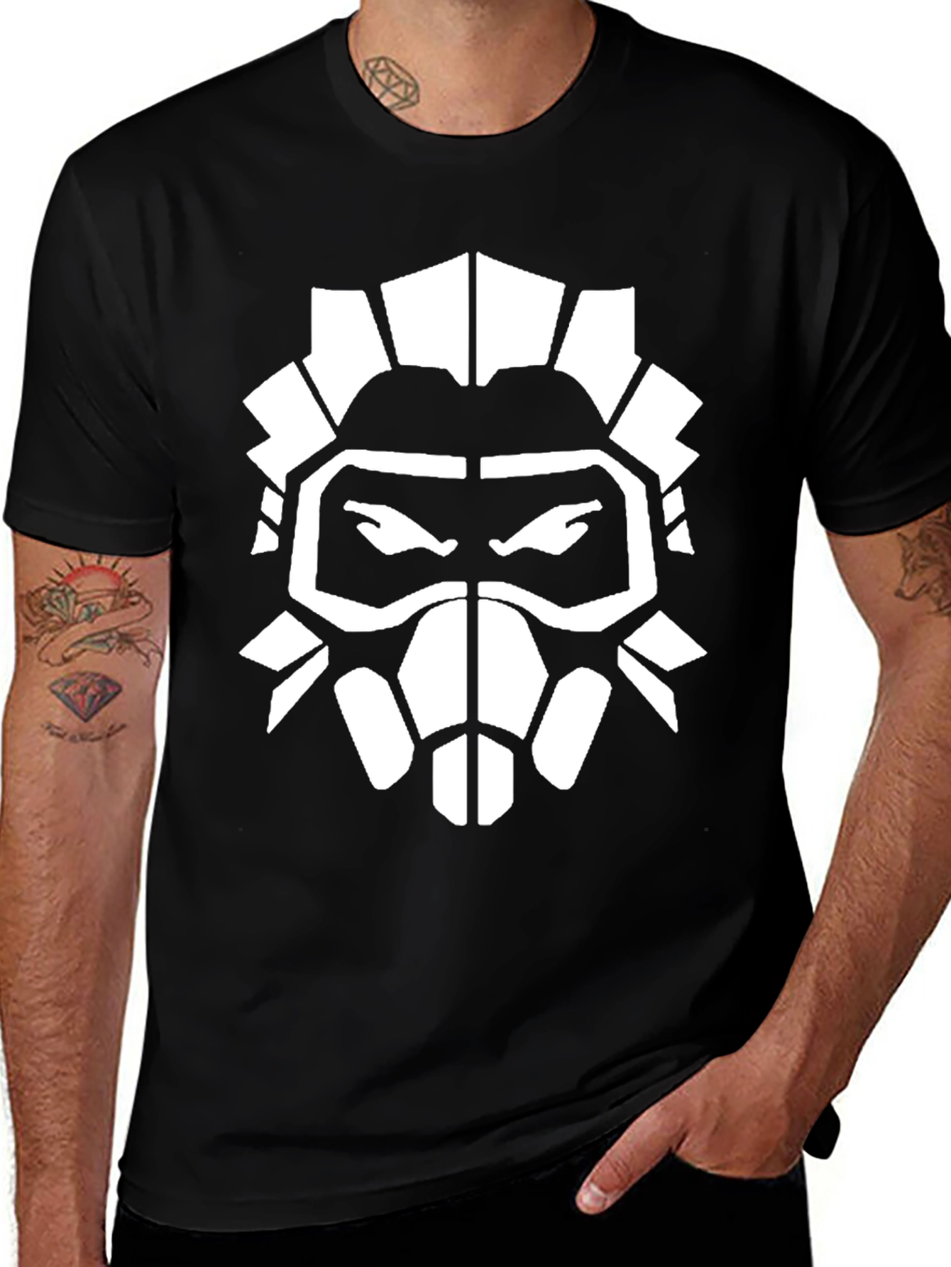 Black T-Shirt with White Graphic Mask Design
