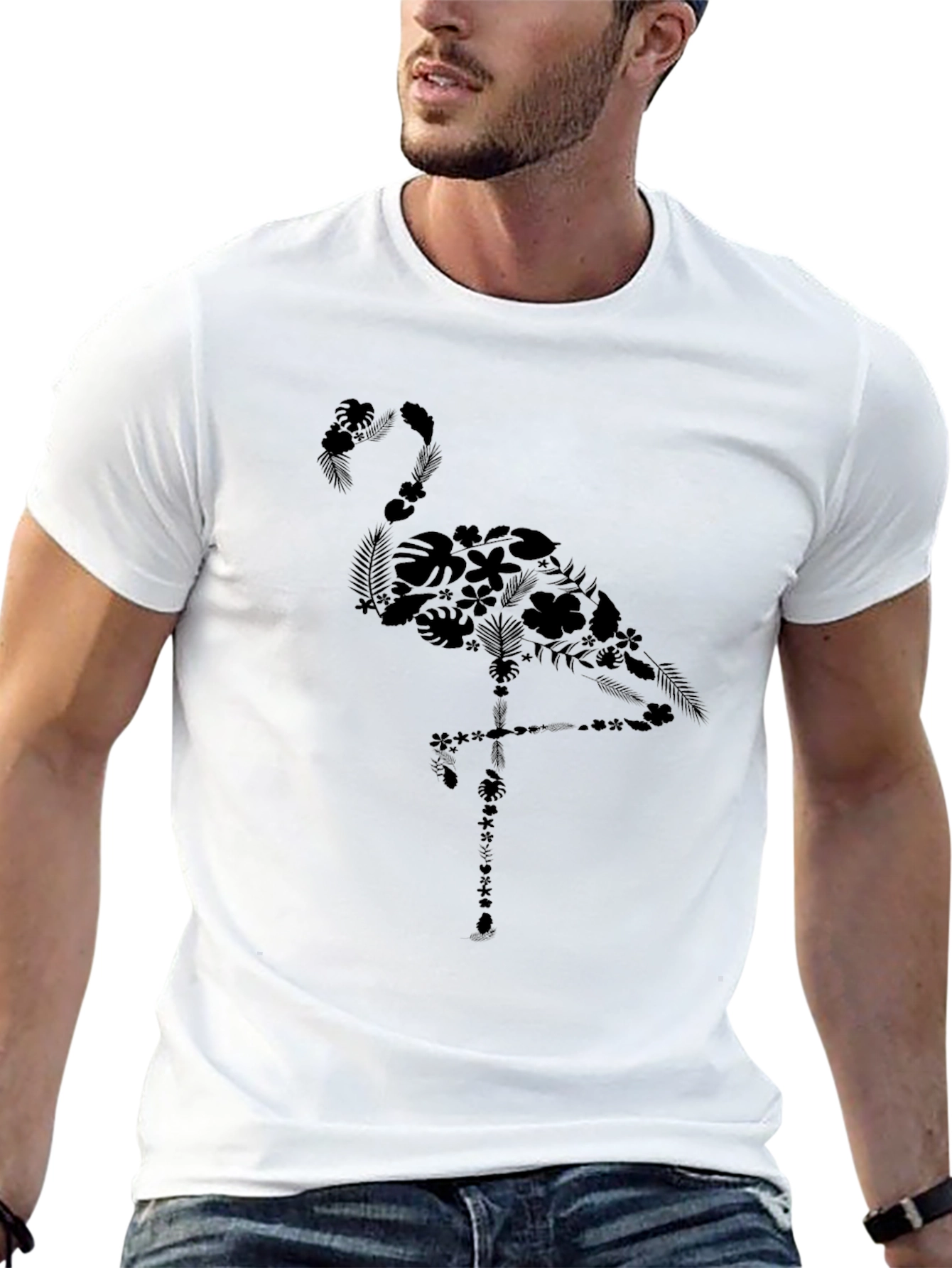 Floral Flamingo Graphic Tee - Casual Black T-Shirt