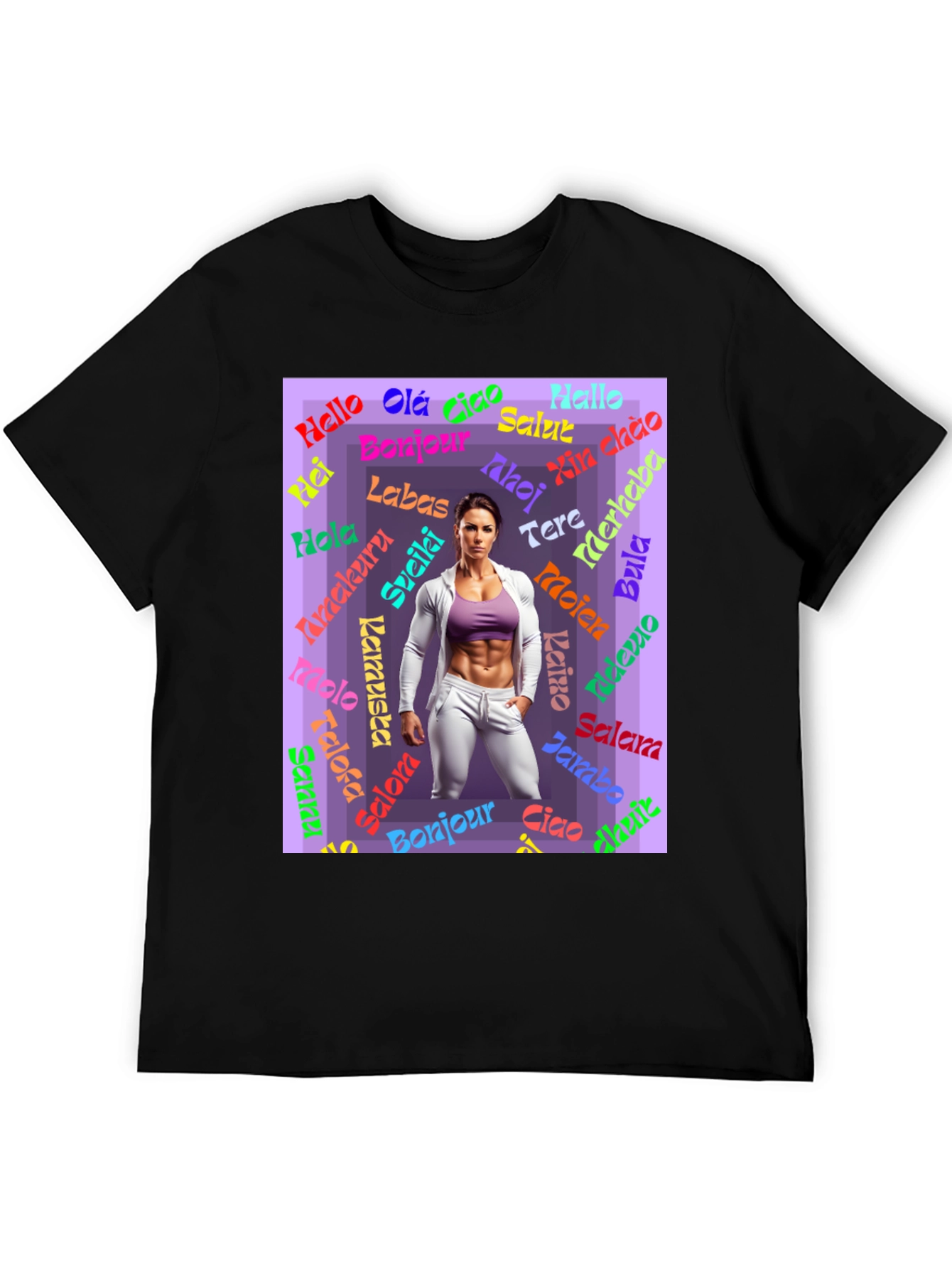 Multilingual Hello Womens Black T-Shirt