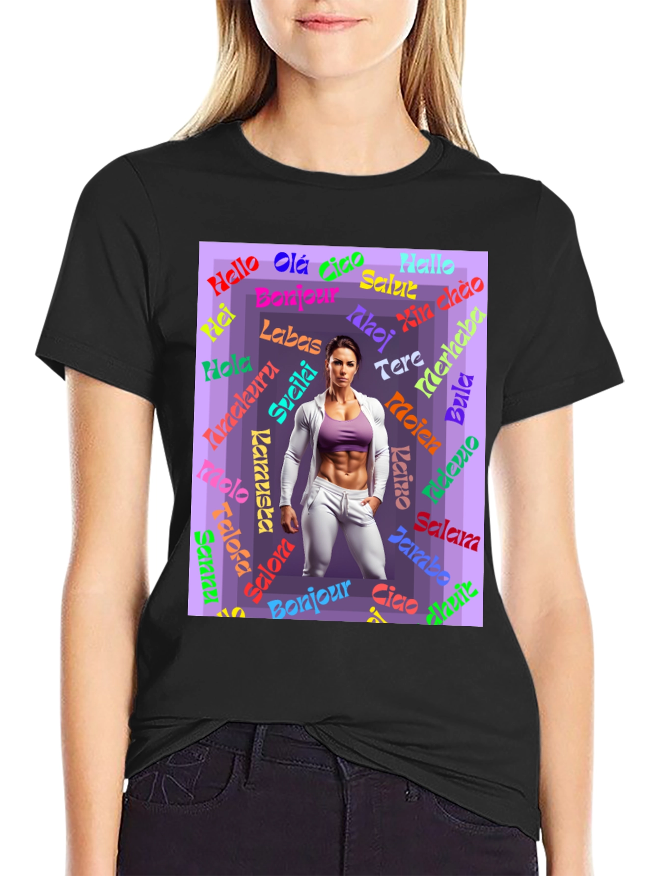 Multilingual Hello Womens Black T-Shirt